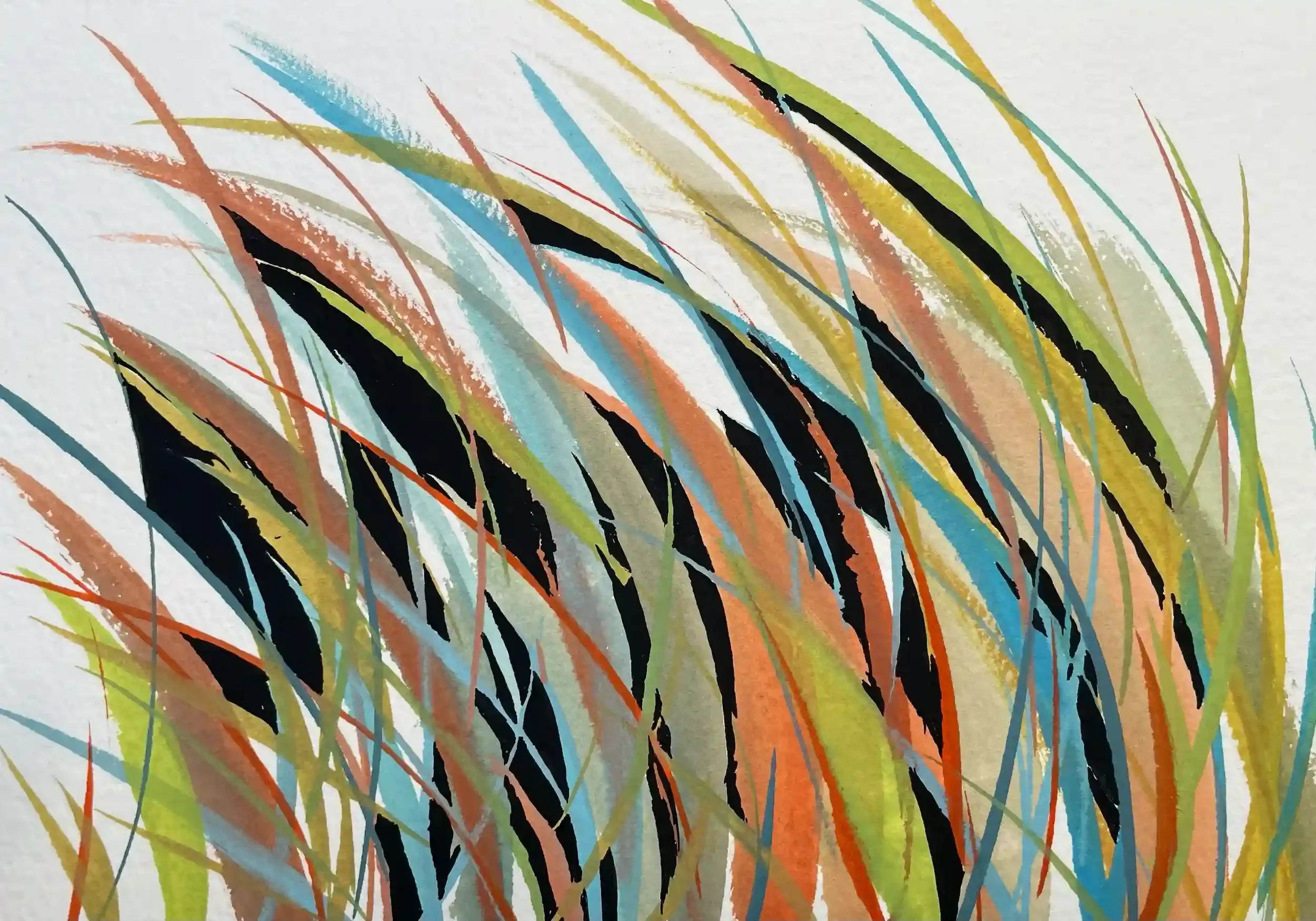  Bold Blades  Gouache on paper, 11-1/8 x 13-1/8" Black metal frame, white mat. 2024. $600
