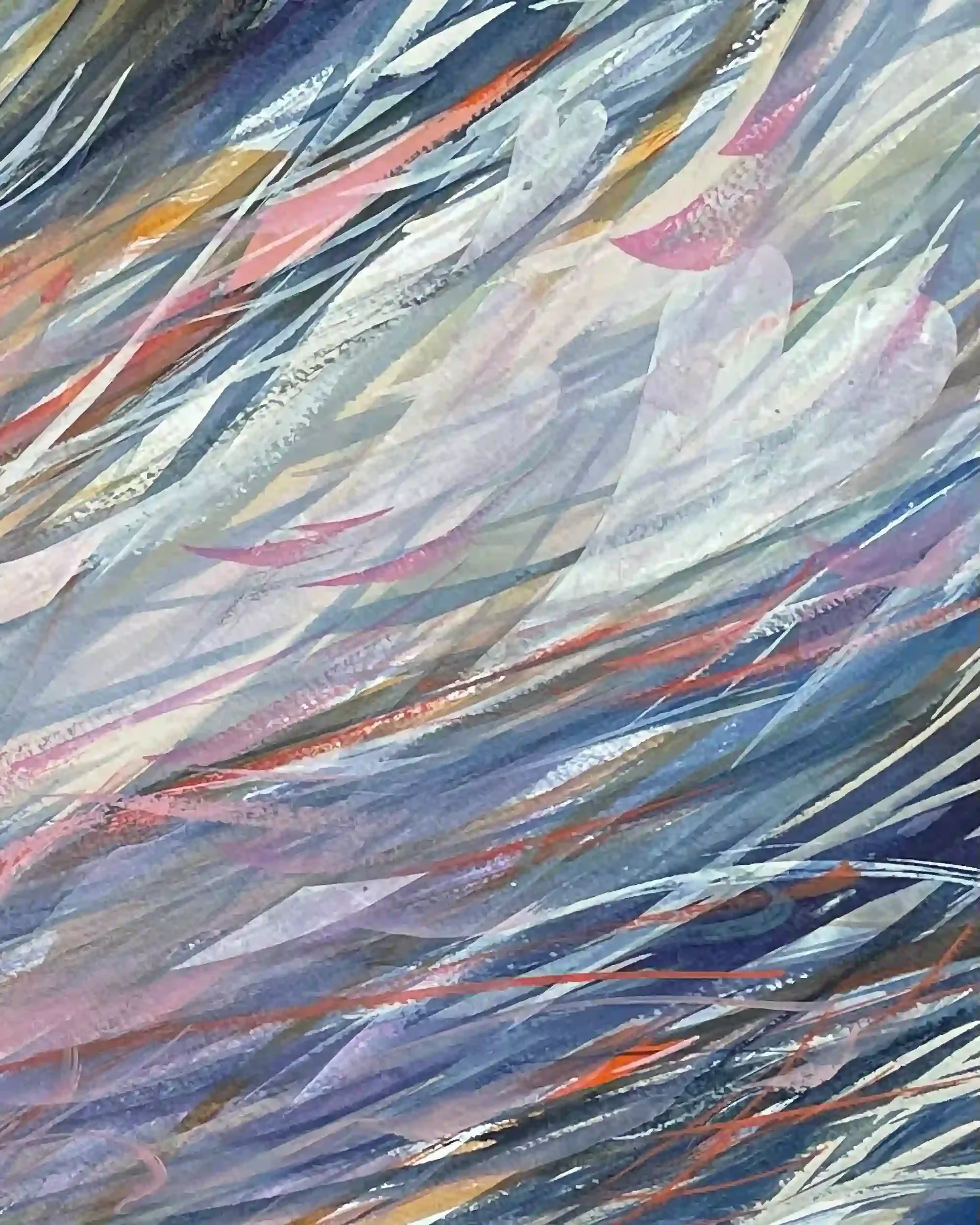 Swept Away  Mixed media and collage on paper, 17-1/2 x 15" Brushed silver metal frame, white mat. 2025. $825
