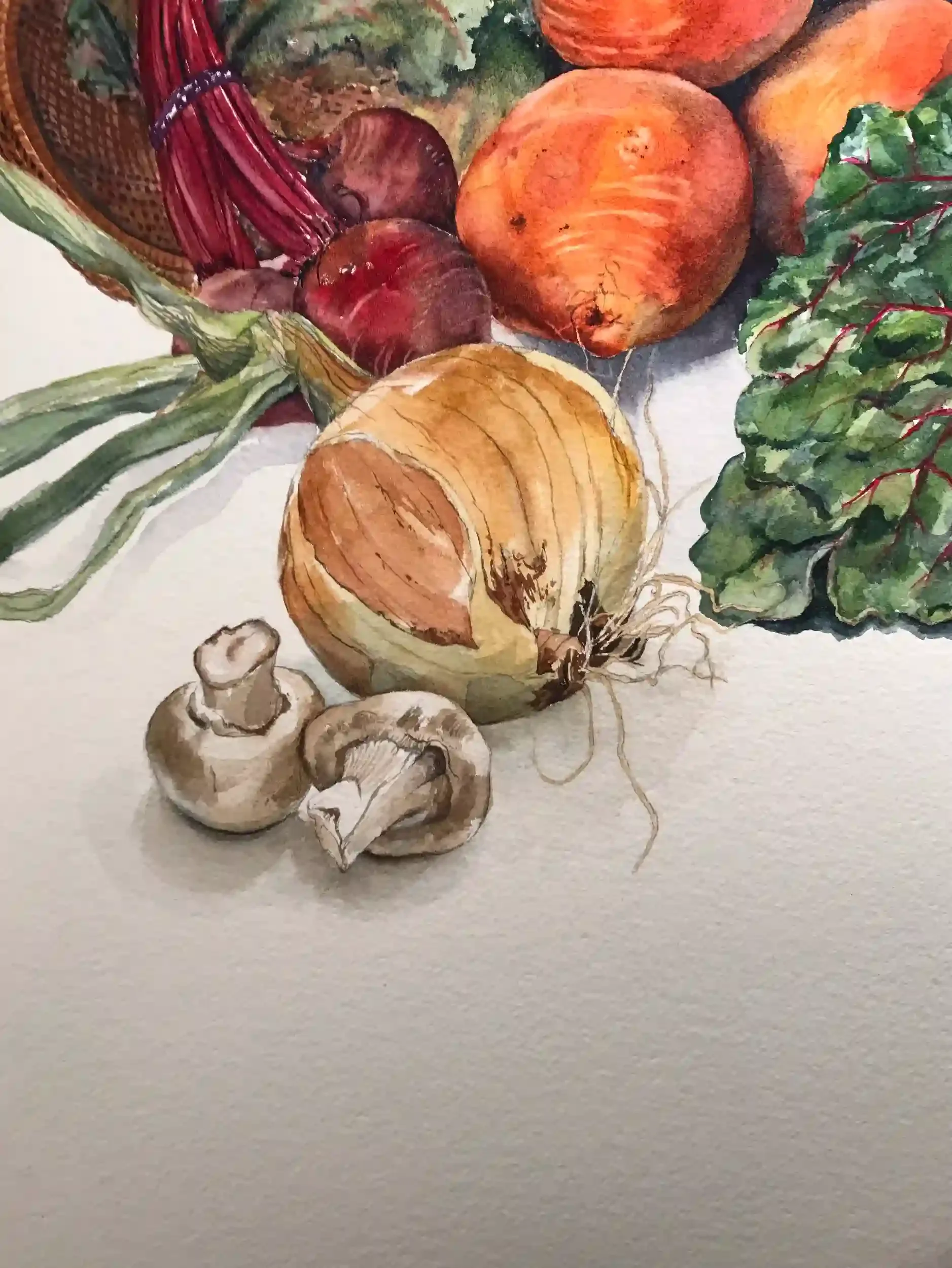  Golden Beets  Watercolor on paper, 21-1/8 x 17-1/4” Cherry wood frame, off-white mat with tan liner. 
2017. $875