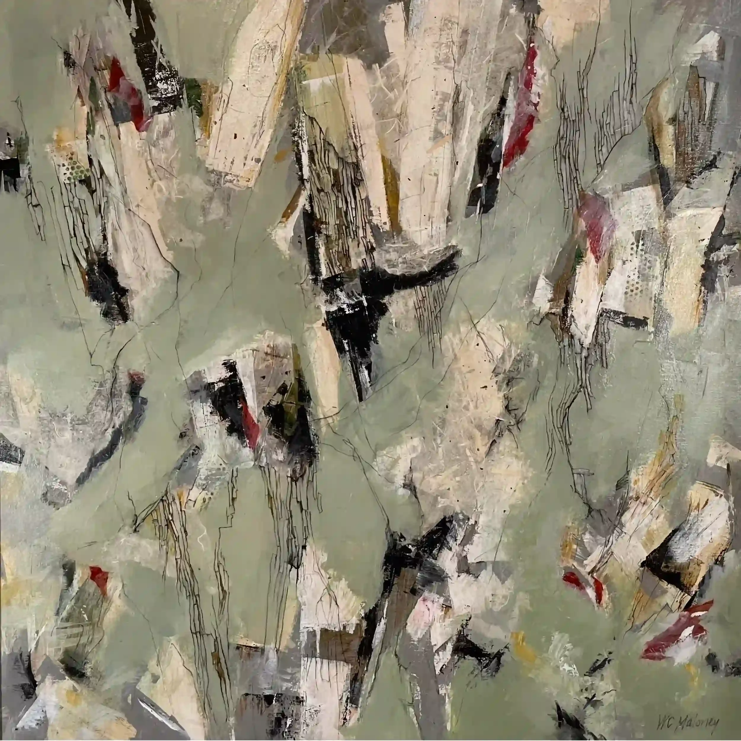  Coalescence  Mixed media and collage on canvas, 30-1/2 x 30-1/2", Low profile, gray painted wood frame. 2026. $4000