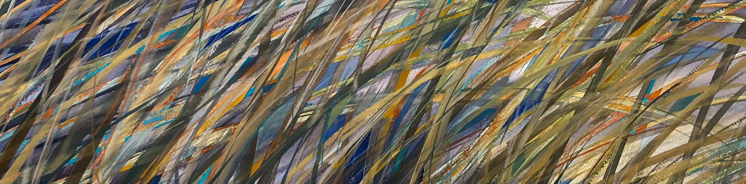 Close-up of colorful abstract painting with brush strokes in various shades of blue, yellow, orange, purple, and green.