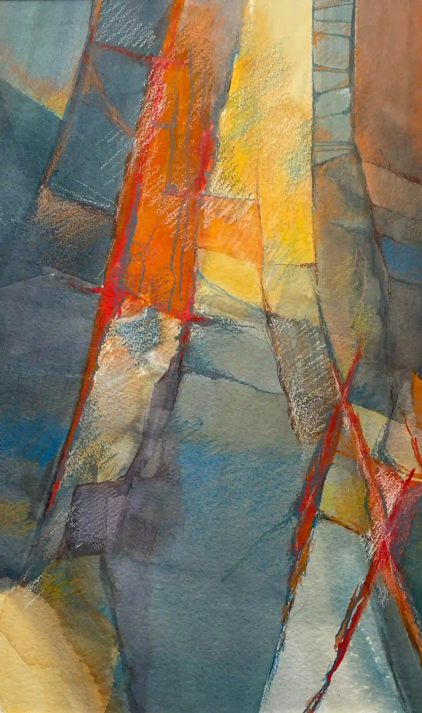 A watercolor work resembling a stained glass window will yellows, oranges, and blues.