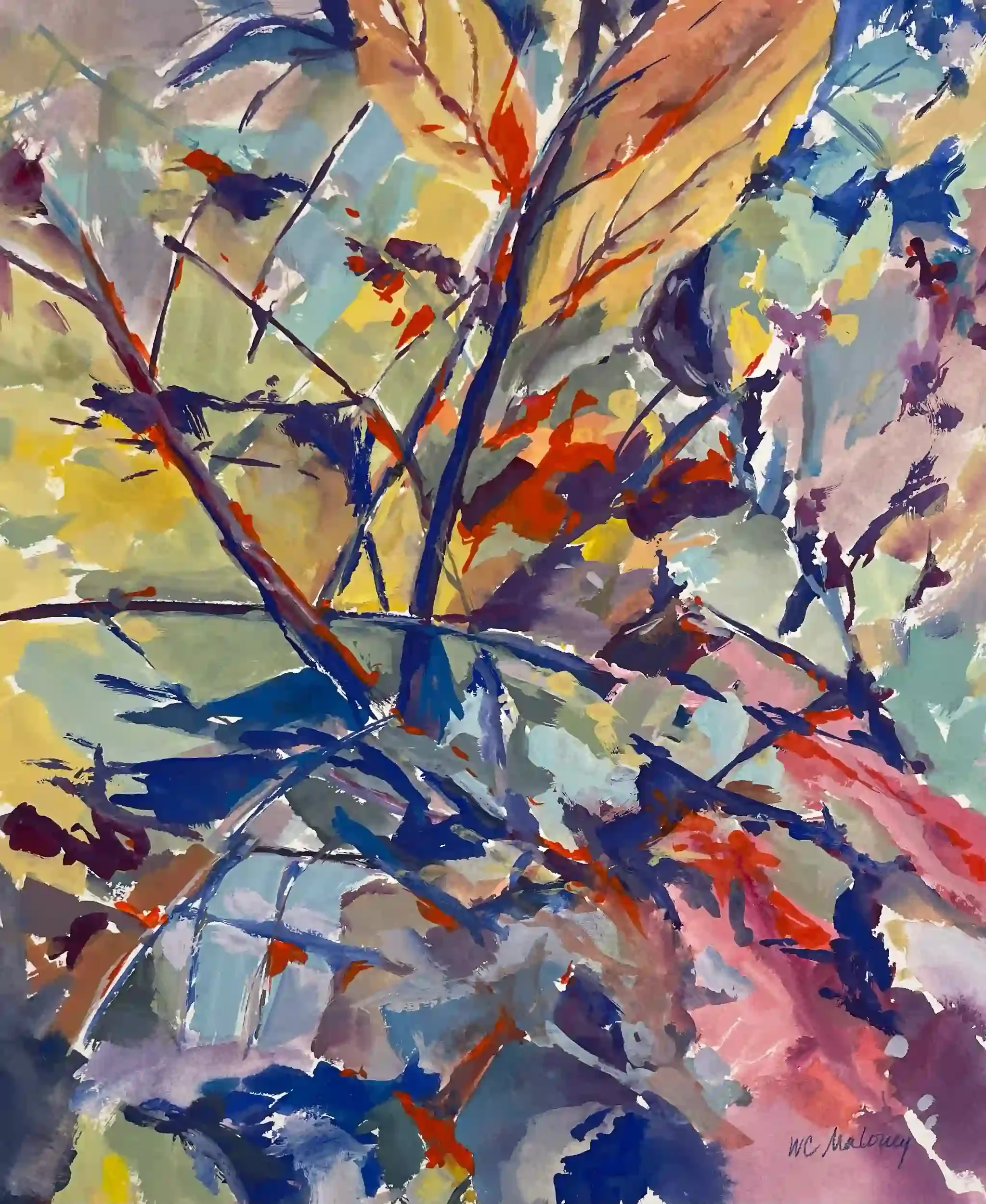  Cacophony of Seasons  Watercolor and gouache on paper, 19-5/8 x 17-1/4" German silver frame, white mat. 2024. $975