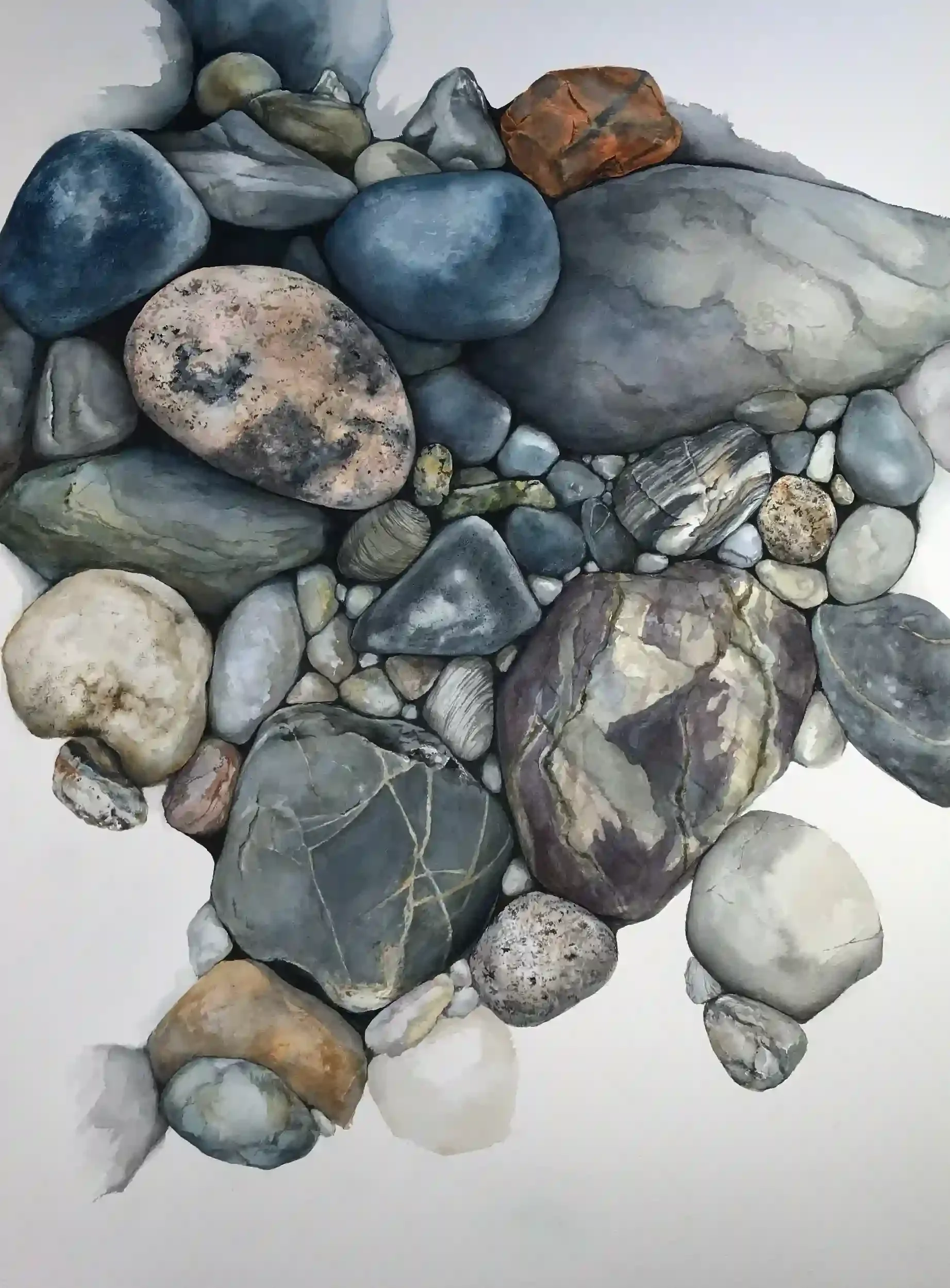 A finely detailed watercolor work of patterned stones collected from a river.