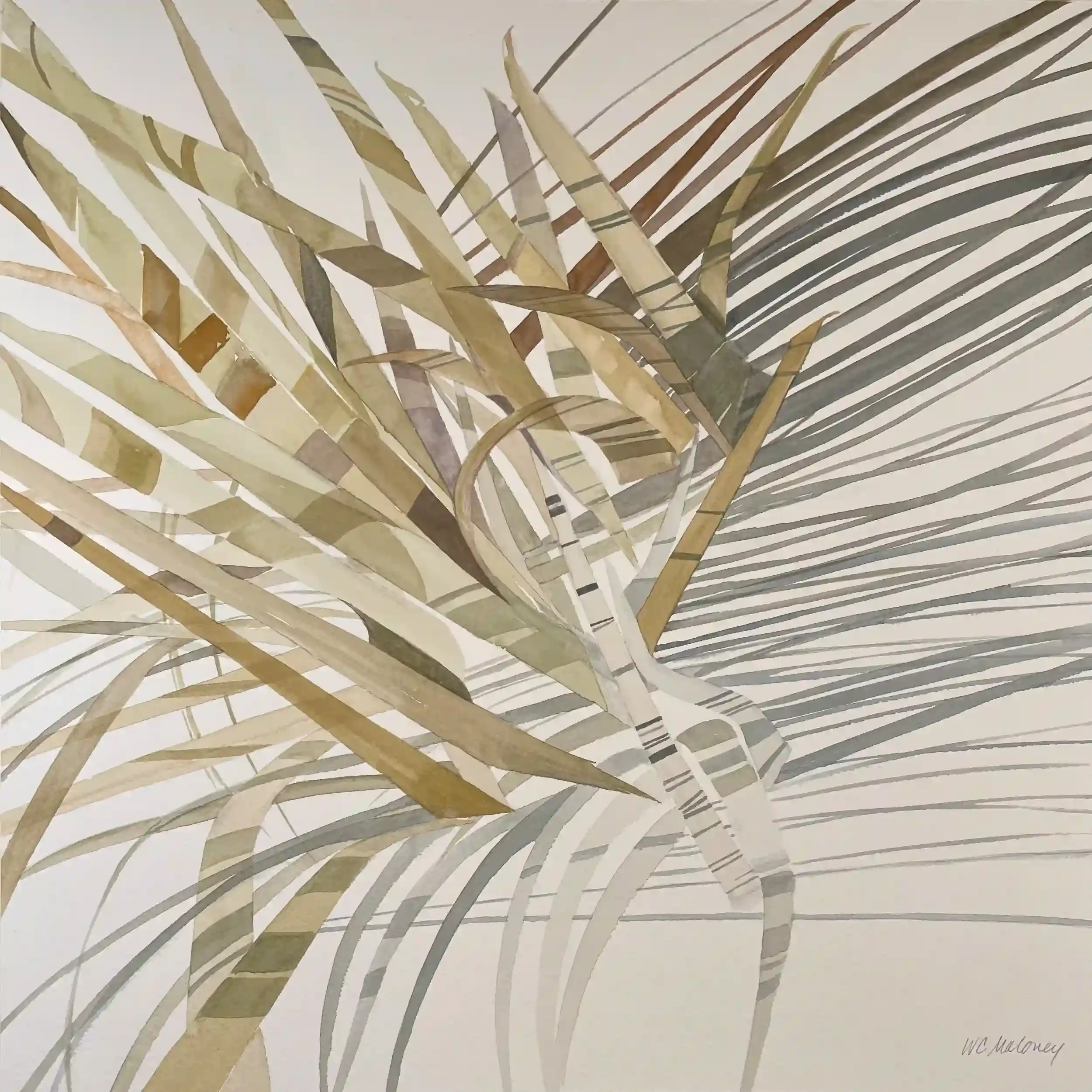 A watercolor featuring grasses and shadows in neutral colors.