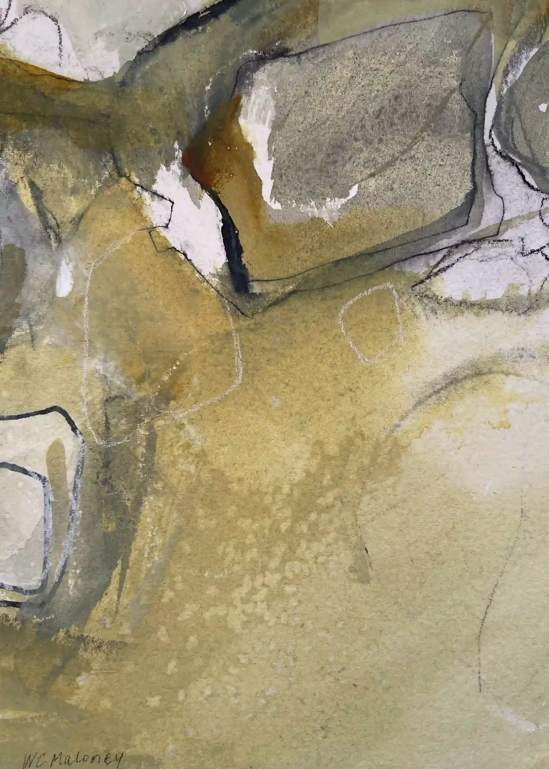  Beginnings  Mixed media, 13-1/8 x 11-1/8" Brushed silver metal frame, white mat. 2023. $550