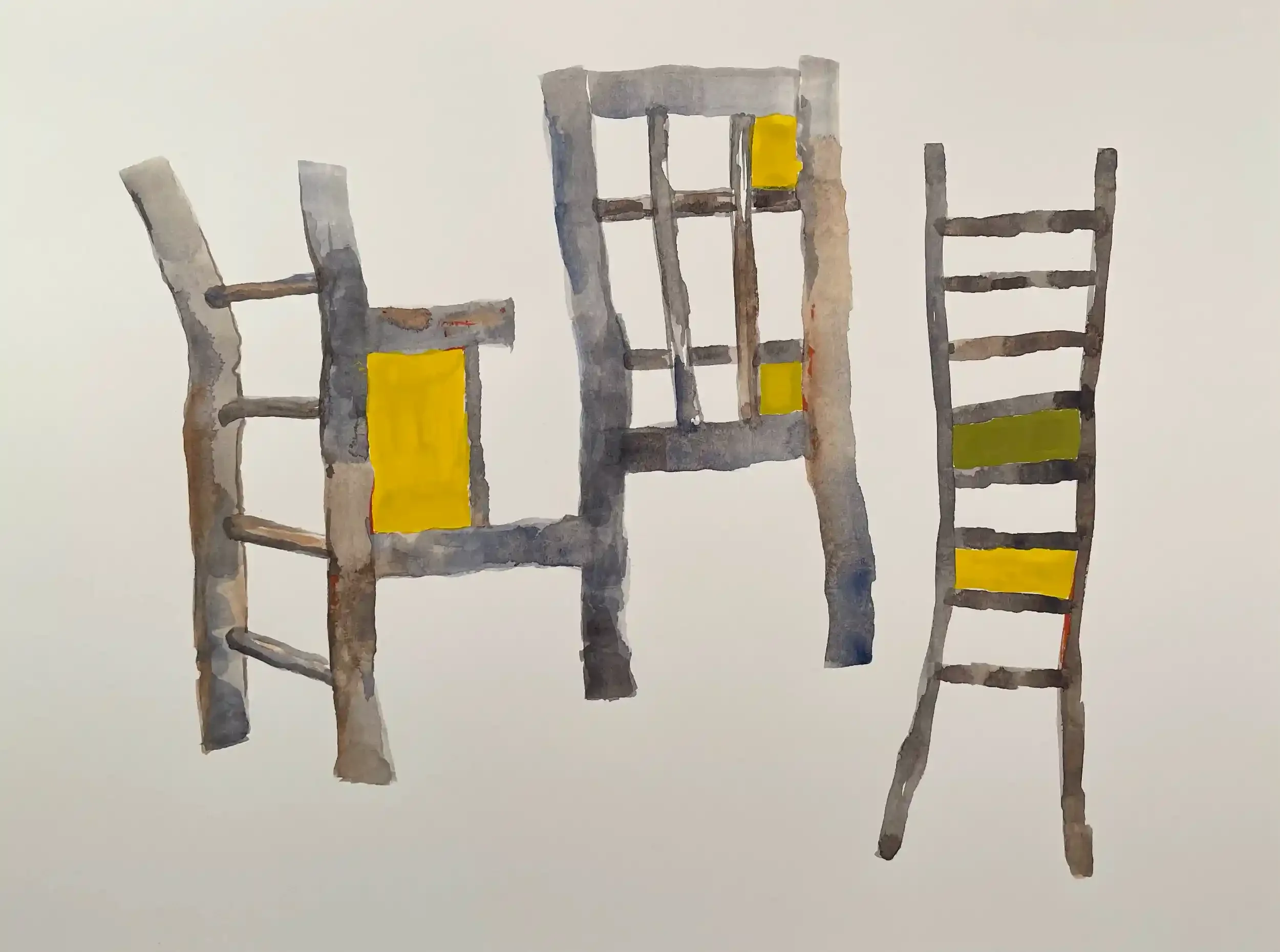  Ladder Chair  Watercolor and gouache on paper, 14-1/4 x 16-7/8" Brushed silver metal frame, white mat with moss green liner. 2024. $795
