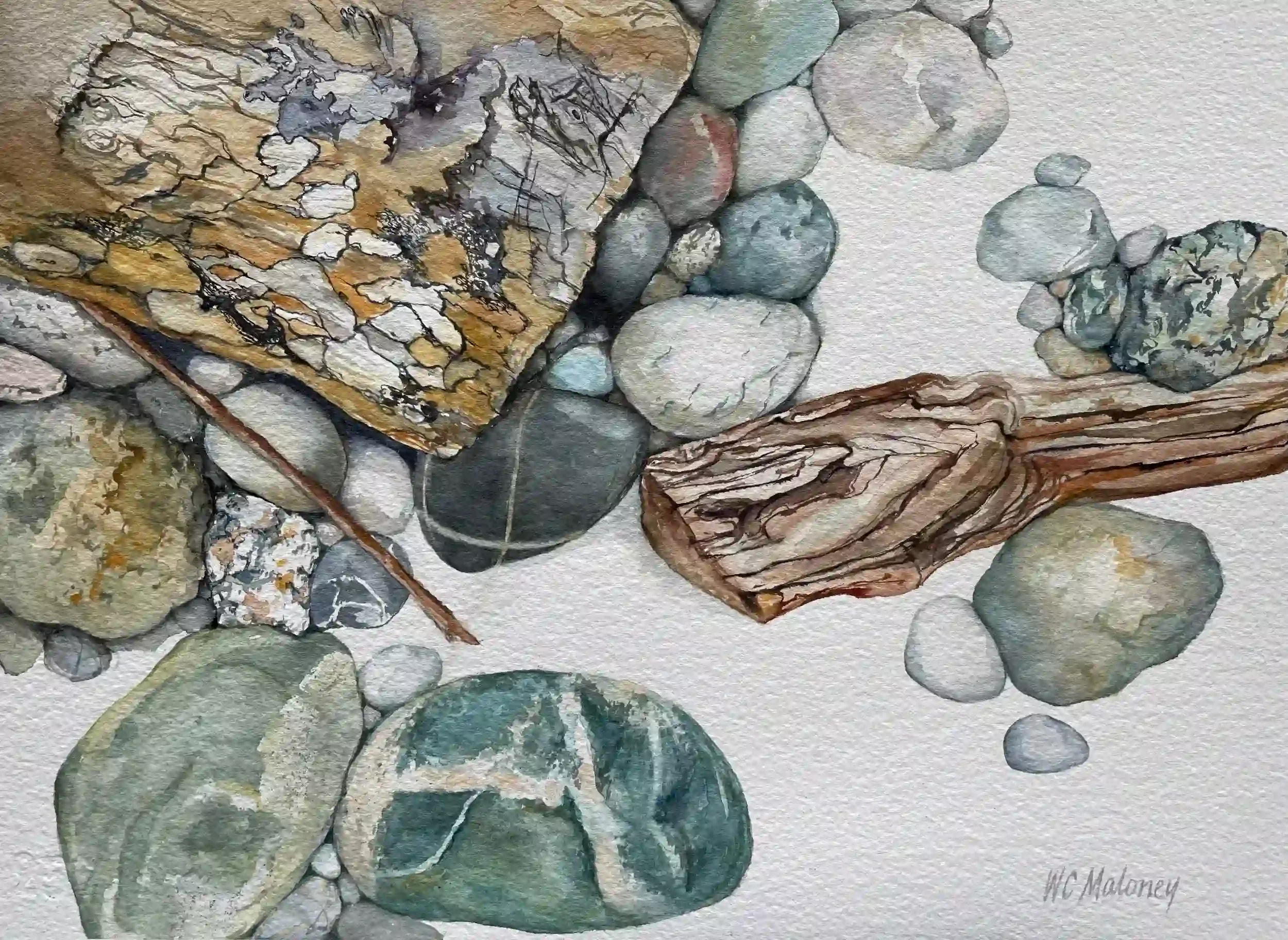  Found, Cuttyhunk Island  Watercolor on paper, 16-1/2 x 20-1/4” Brushed silver metal frame, white mat with gray liner. 2023. $875