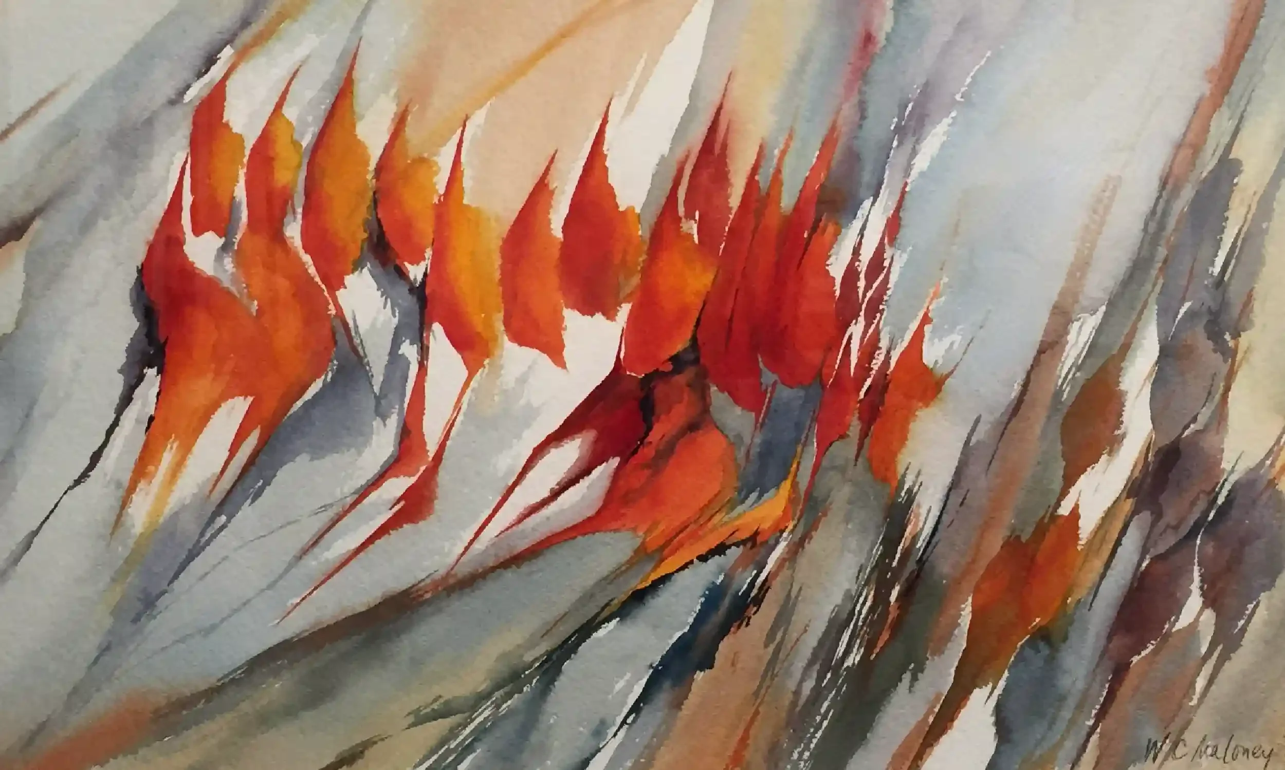 A watercolor work with red and orange geometric shapes arranged horizontally across the center.