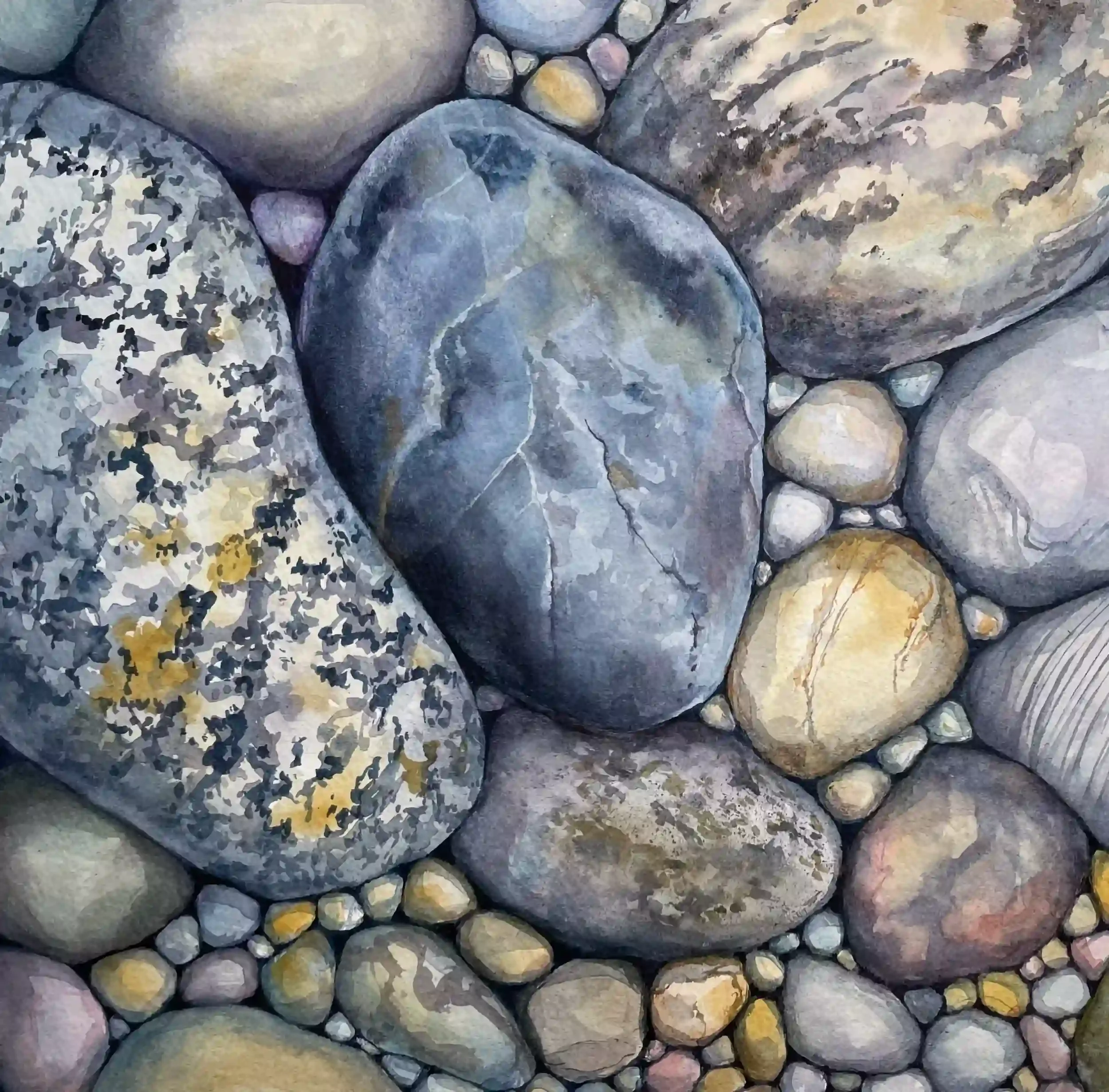  Cuttyhunk Stones  Watercolor, 15-1/8 x 15-1/8" Brushed silver metal frame, white mat. 2023. $725