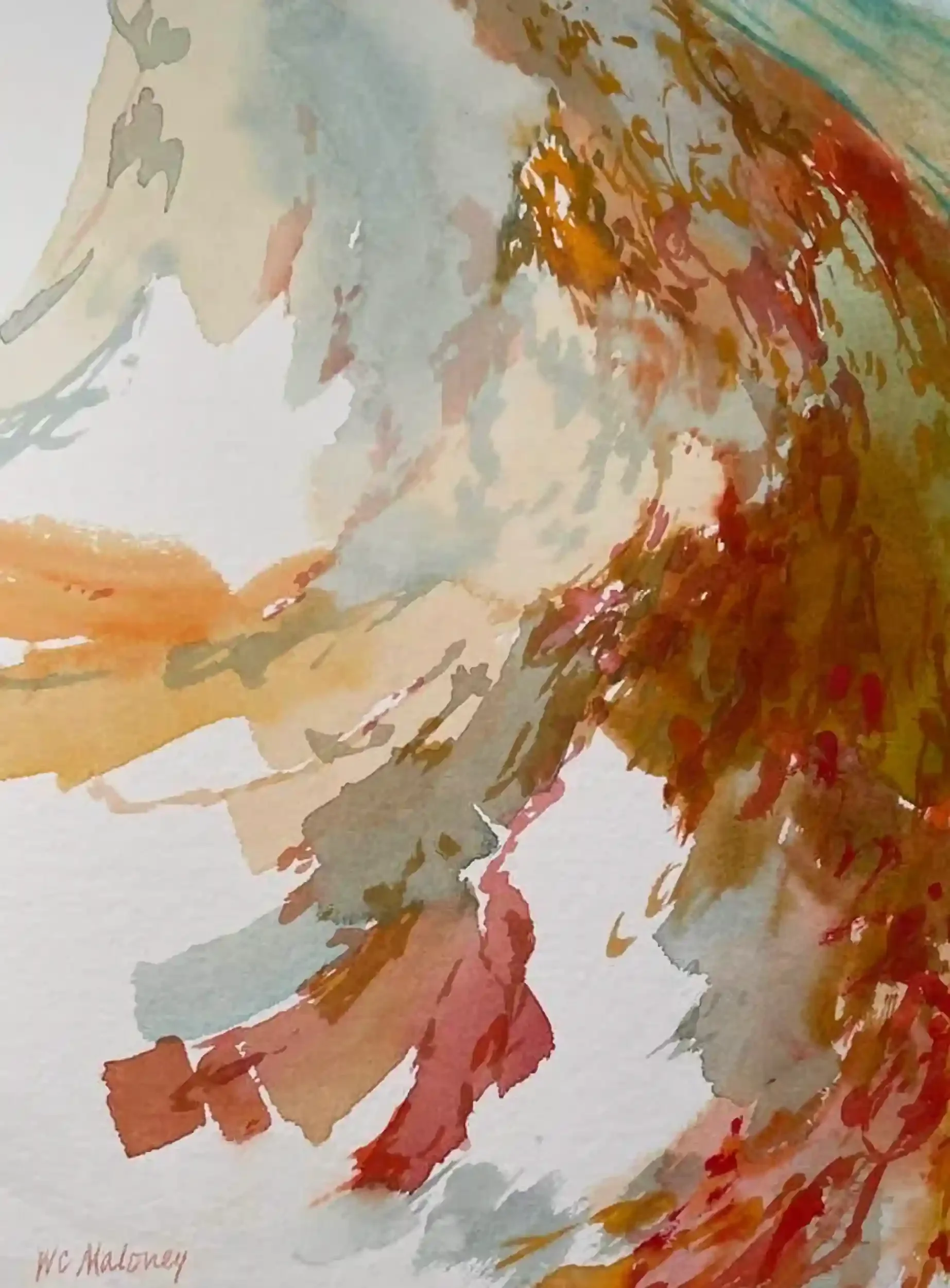  Hints of Spring  Watercolor on paper, 14-1/4 x 12-1/2" Cherry wood frame, white mat with pale green liner. 2024. $695