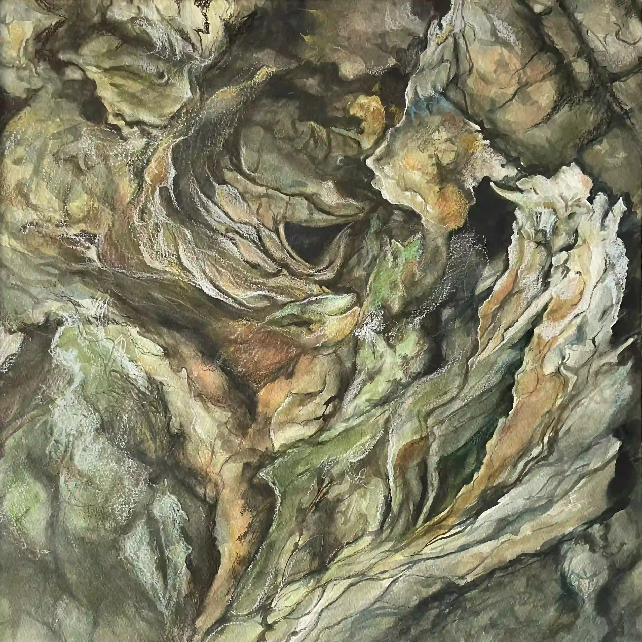  Forest Secrets  Mixed media on paper, 23-1/8 x 23-1/8" Brushed silver metal frame, white mat. 2024. $1600