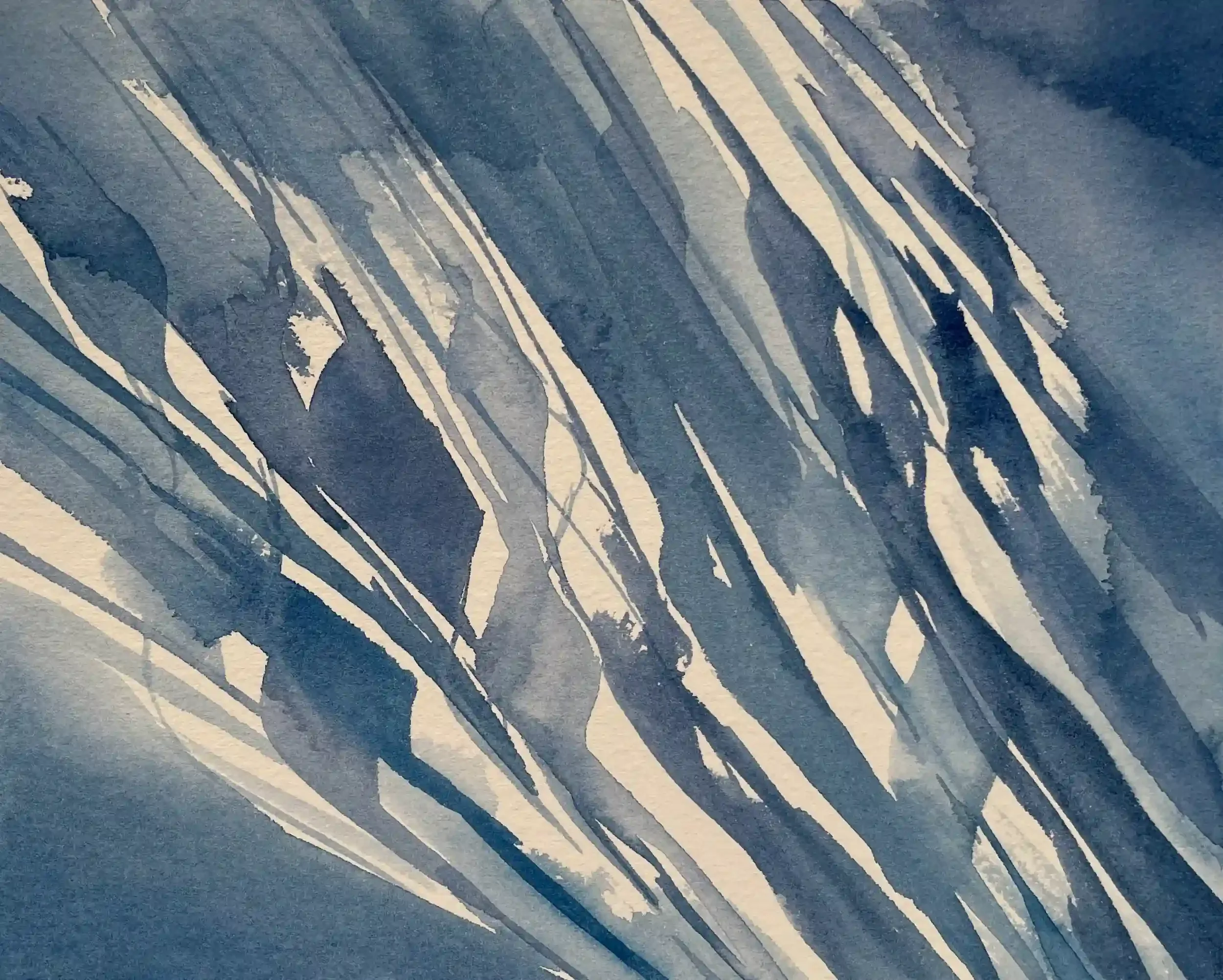  Liquid Blues  Watercolor, 9-7/8 x 11-1/8" German silver metal frame, white mat. 2023. $500