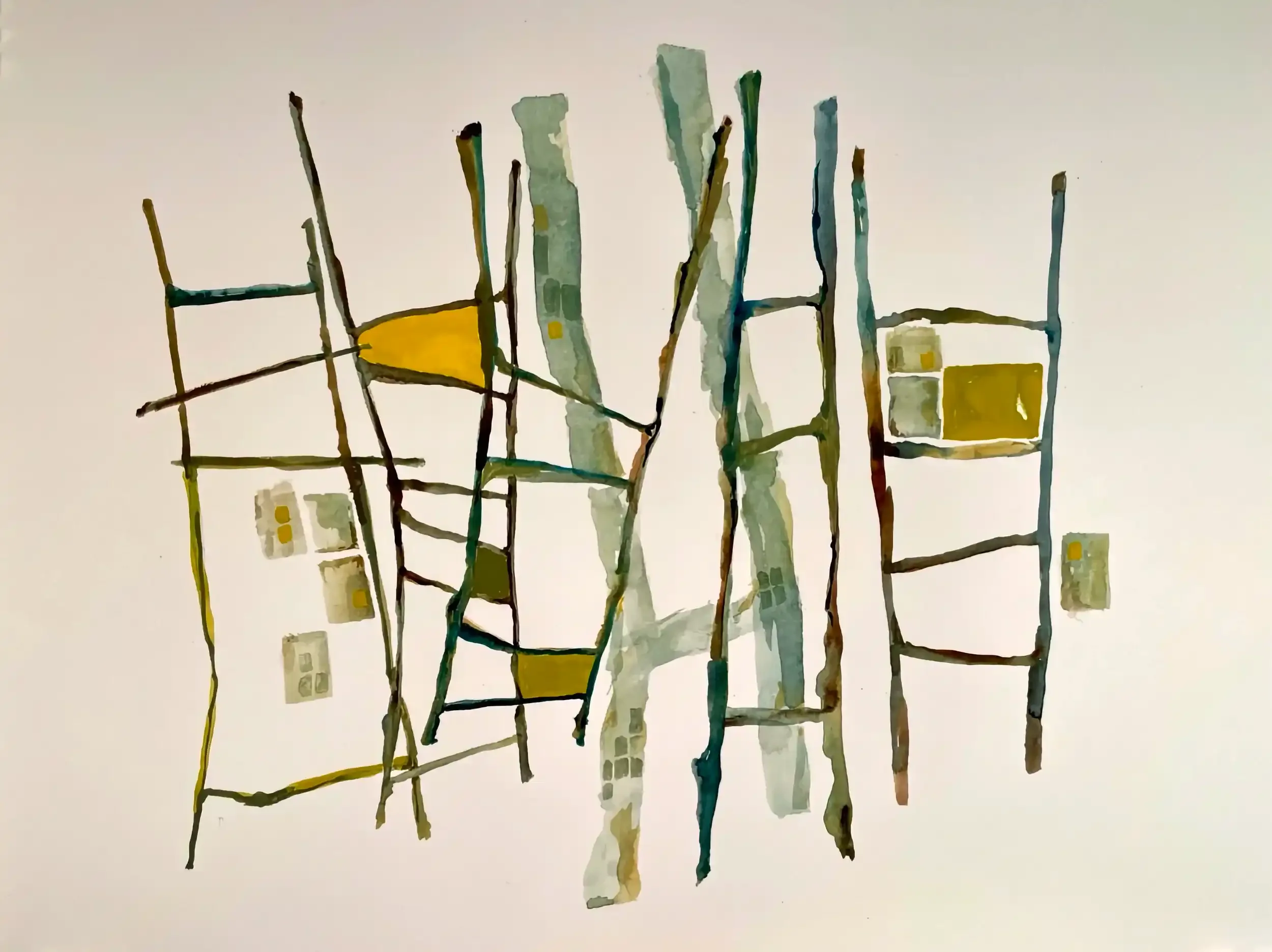  Parenthetical Views  Watercolor and gouache on paper, 14-1/4 x 16-7/8" Brushed silver metal frame, white mat with moss green liner. 2024. $795