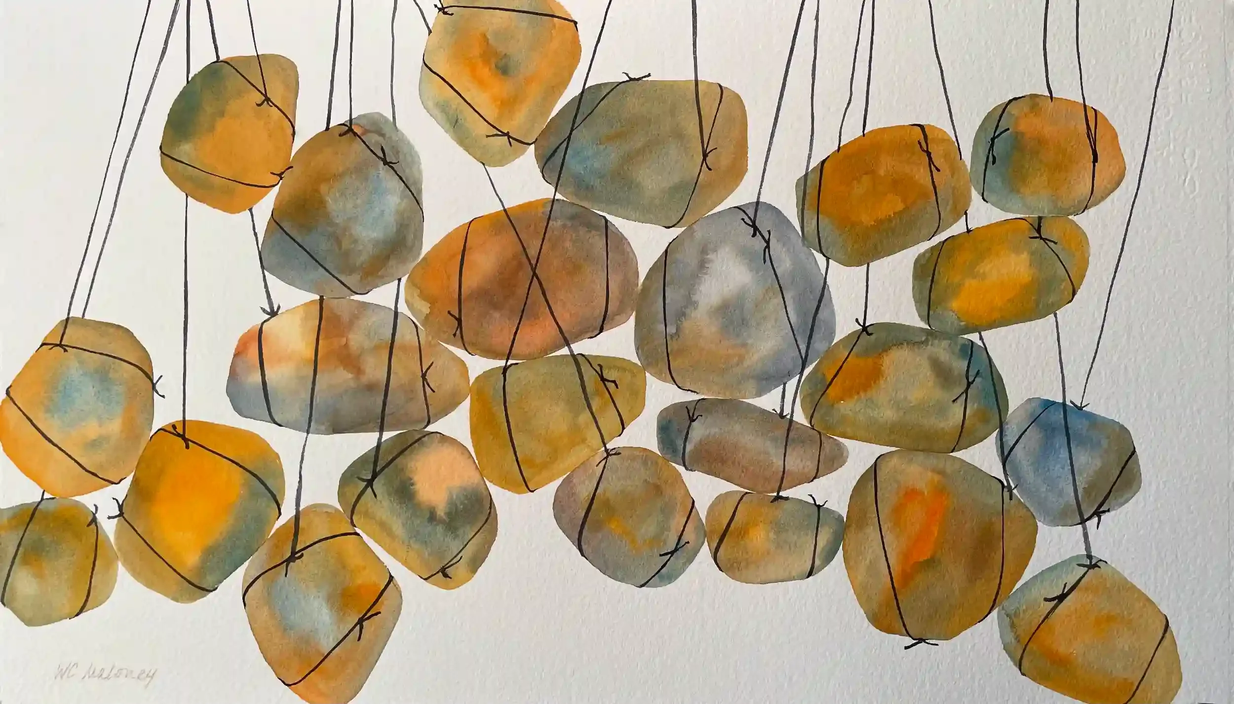  Hanging By A Thread  Watercolor, 18-3/4 x 27-1/2" Brushed gold metal frame, white mat. 2022. $1200