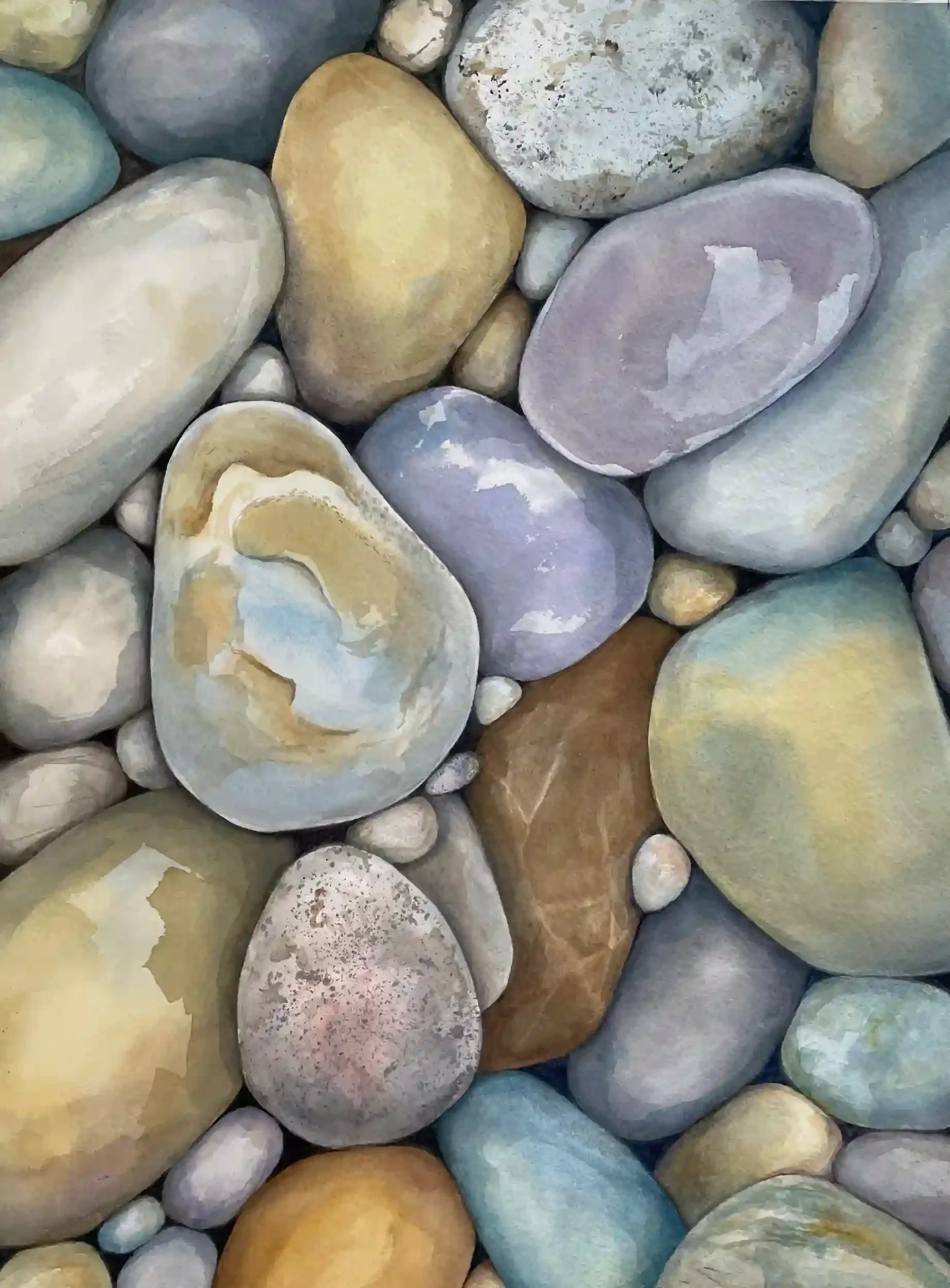  Spa Stones  Watercolor, 25-1/8 x 20-1/8" German silver metal frame, white mat. 2021. $1200