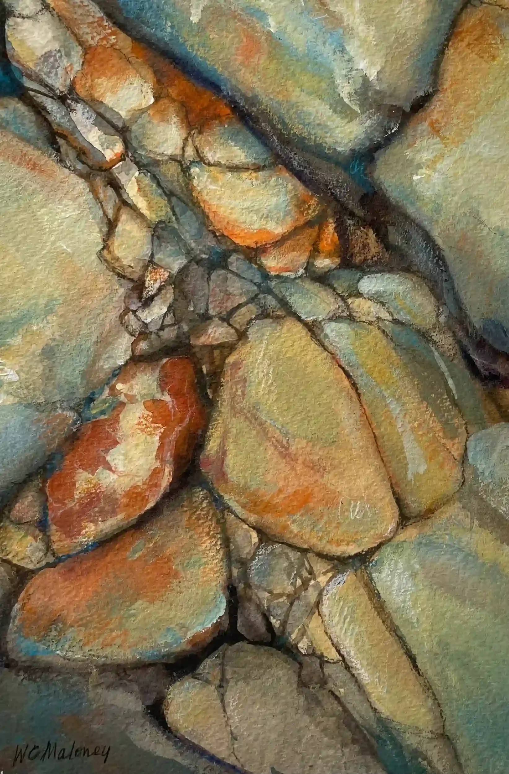  Mossy Stones  Watercolor, colored pencil, 16-1/8 x 13-1/8" Wood frame, white mat. 2021. $675