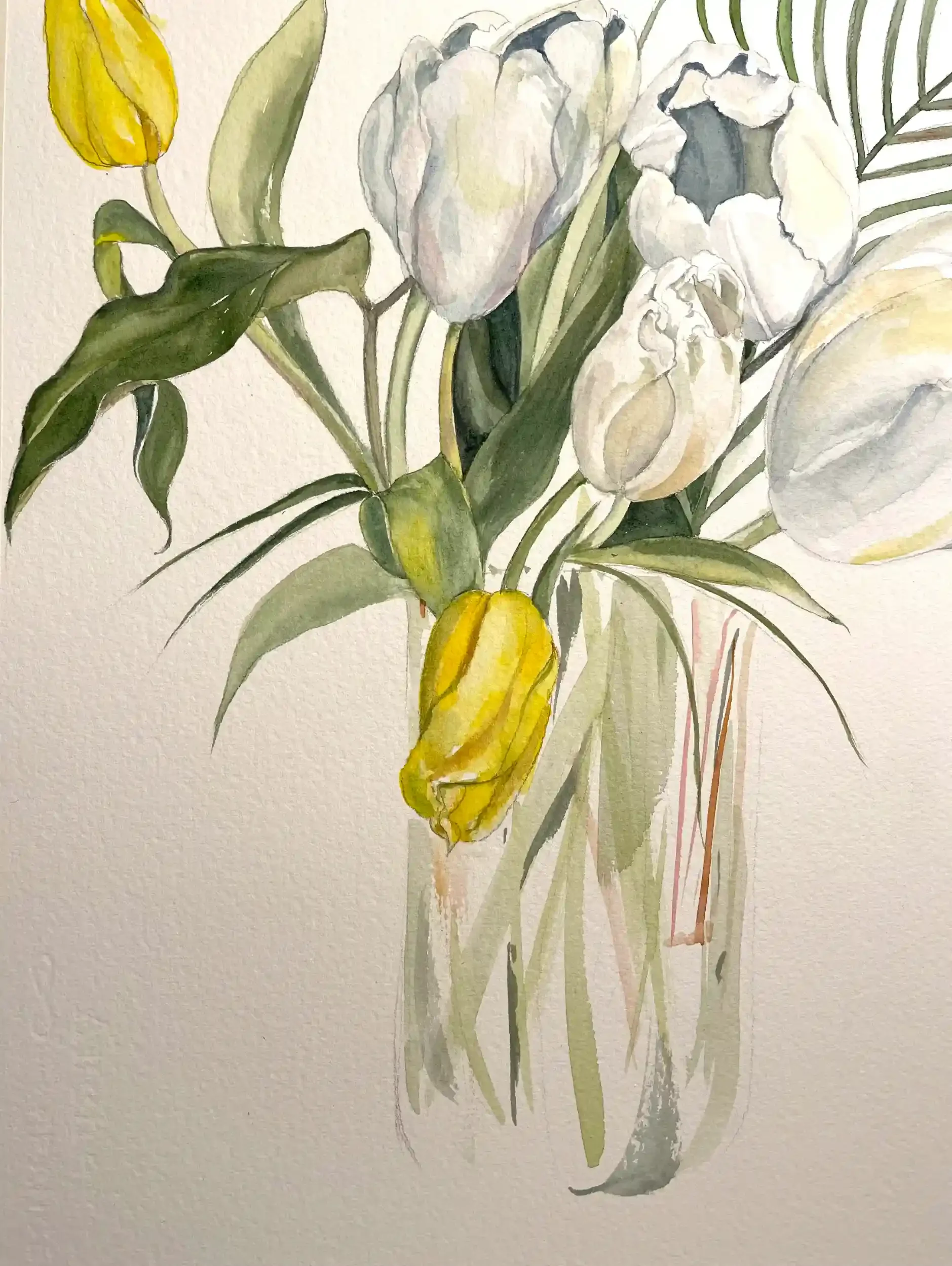  Spring Tulips  Watercolor, 19-1/2 x 16-1/8" German silver metal frame, white mat. 2025. $875