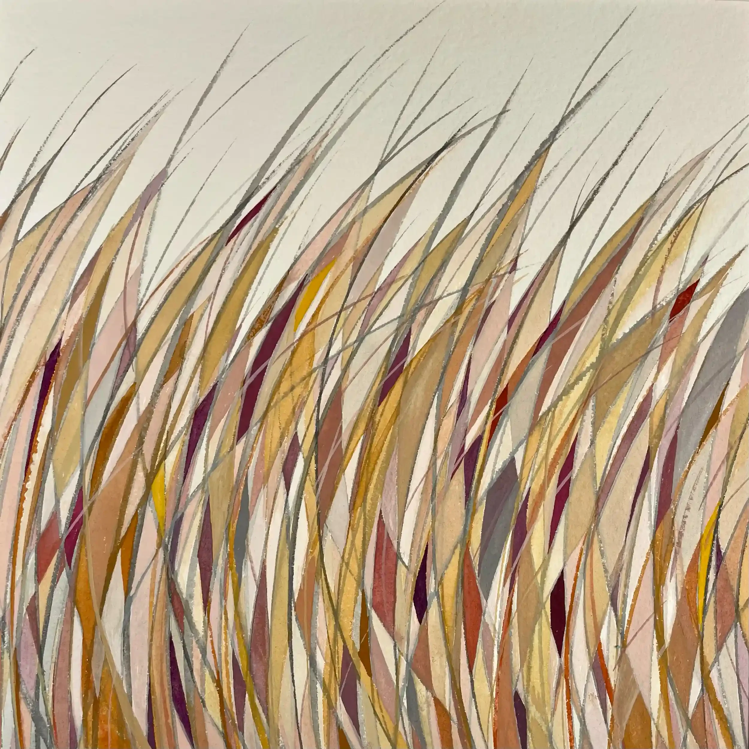  September Grasses  Gouache on paper, 16-1/8 x 16-1/8" Brushed silver metal frame, white mat. 2024. $825