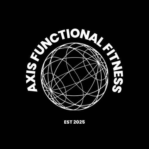Logo with a globe made of white interconnected lines, surrounded by the text 'AXIS FUNCTIONAL FITNESS' and 'EST 2025' on a black background.