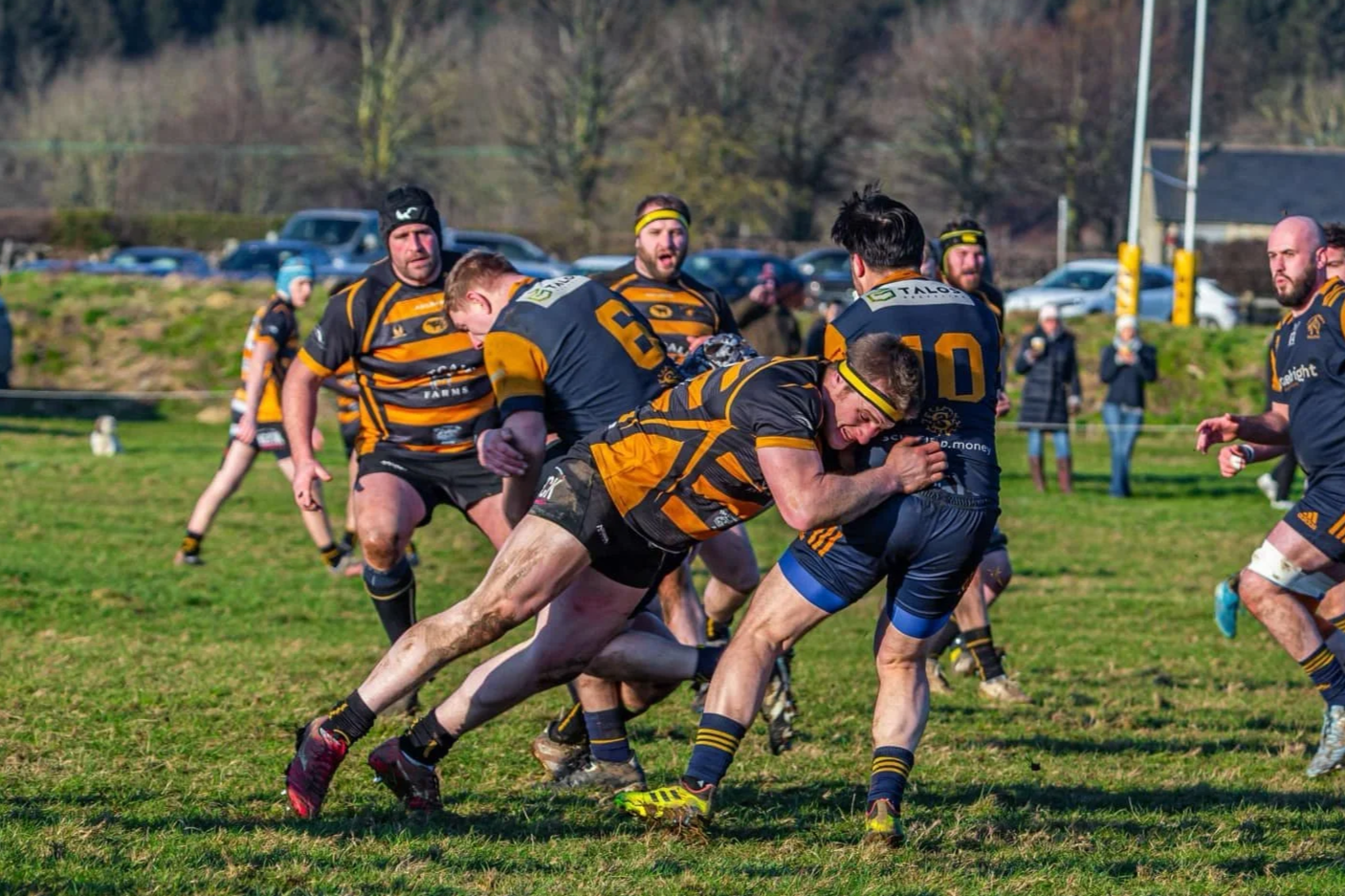 Rugby players in black and yellow uniforms engaged in a tackle during a match on a grassy field with spectators and cars in the background.
