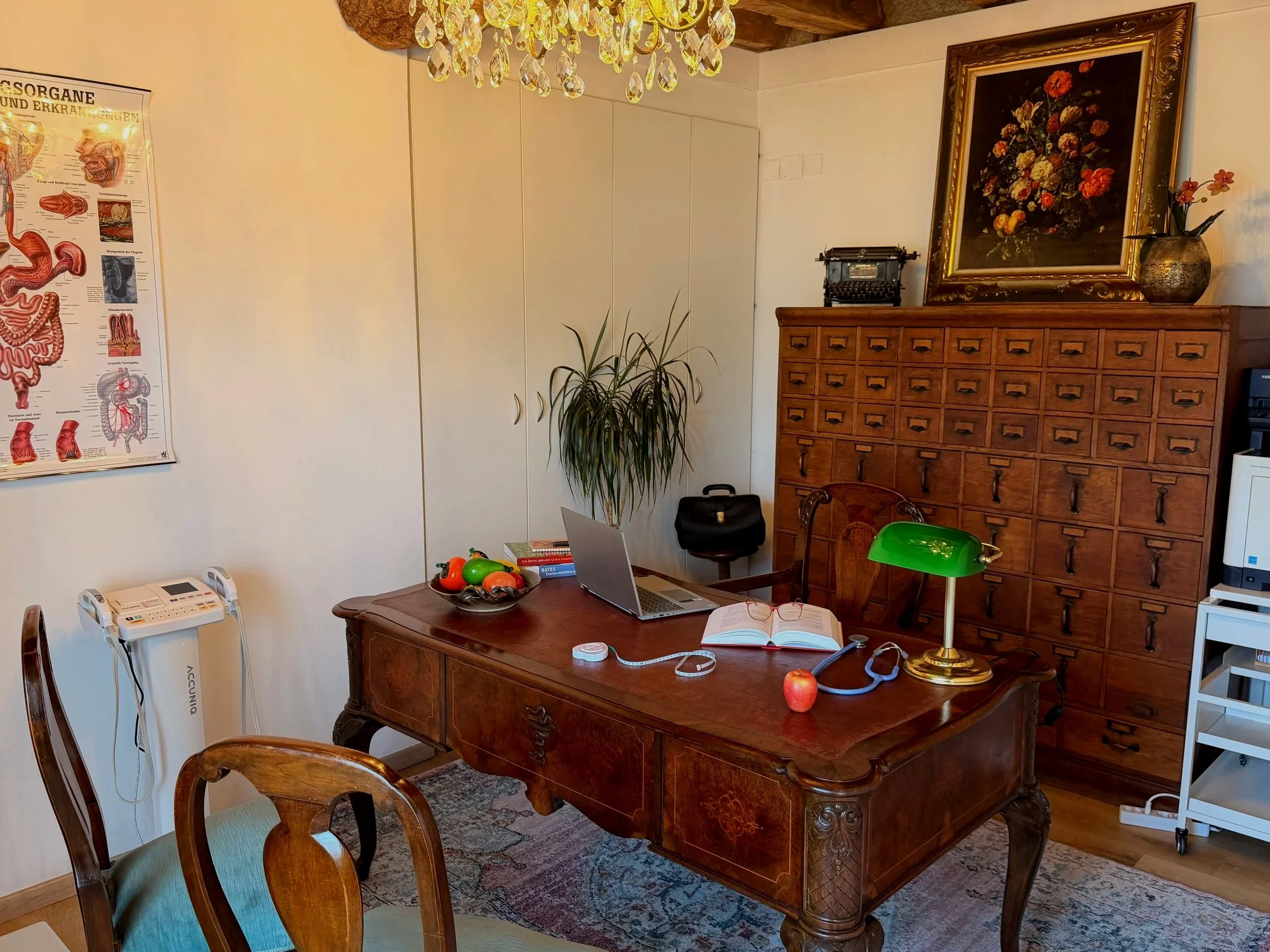 Interno di uno studio o ufficio con un grande mobile in legno, una scrivania con computer portatile, libri, oggetti decorativi e medicinali. Sul muro una postazione con poster anatomico e un grande quadro con fiori. Ci sono sedie in legno e un lampada con paralume dorato. La stanza è arredata in stile classico.