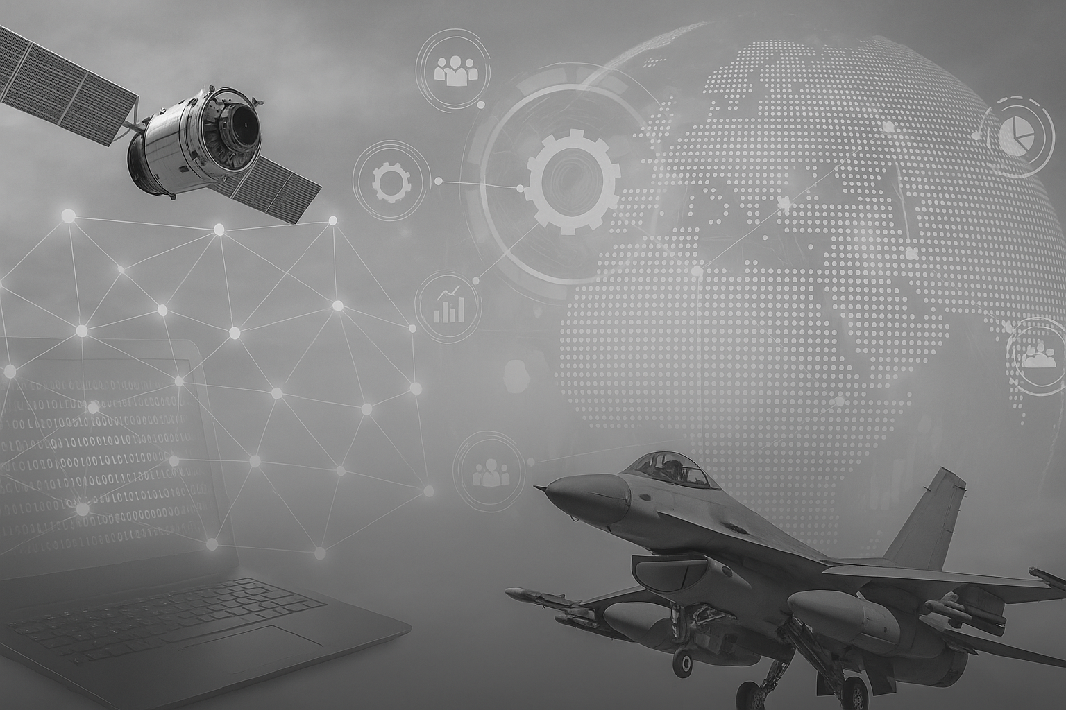 A digital illustration featuring a satellite, a fighter jet, and a laptop, with a globe and various technology icons in the background.
