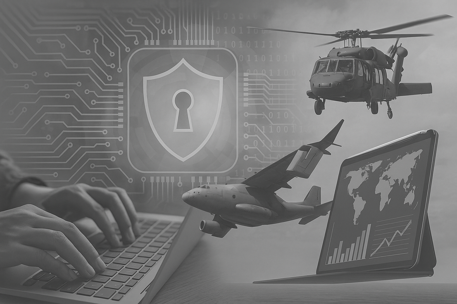 A person typing on a laptop with digital images of military aircraft, a helicopter, a tablet showing a world map, a shield with a keyhole, and circuit lines superimposed, symbolizing cybersecurity and defense technology.