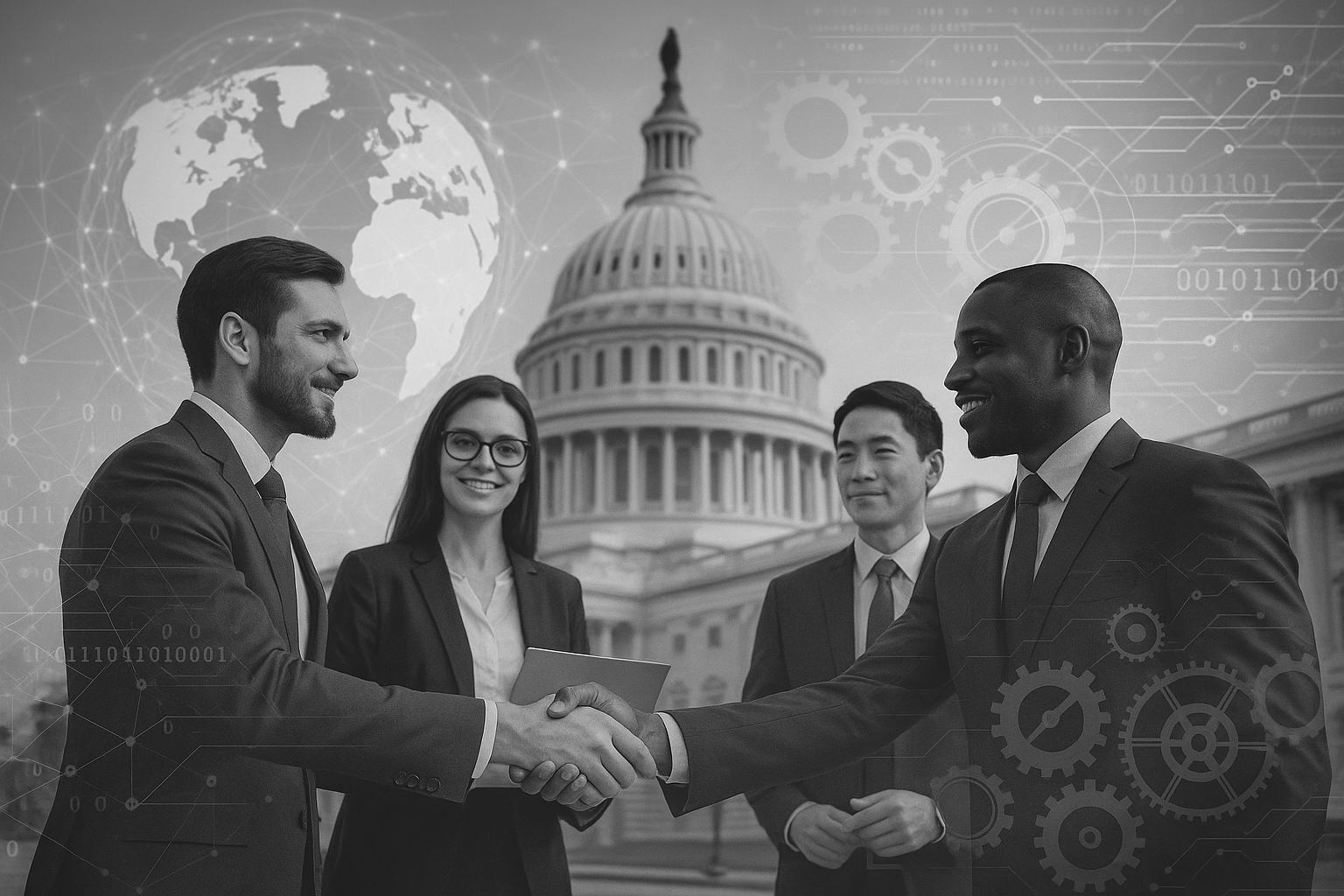 Businesspeople shaking hands in front of the Capitol building with a digital overlay of the world map and technology symbols.