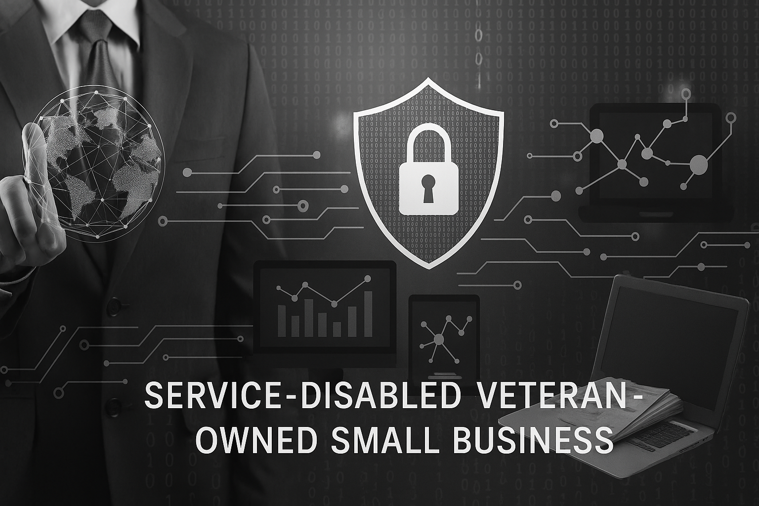A man in a suit interacts with a digital interface featuring a shield with a lock icon, a globe, and graphs. The text reads 'Service-Disabled Veteran-Owned Small Business'.