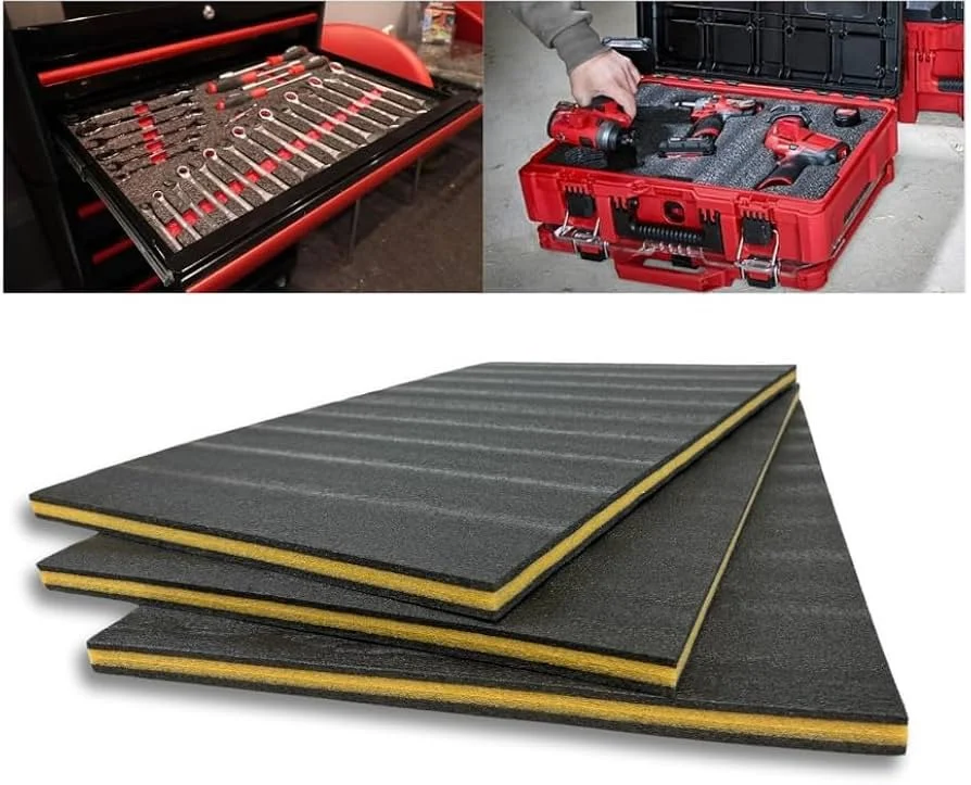 collage showing a open tool box drawer with tools, a tool kit and a stack of tool box foam