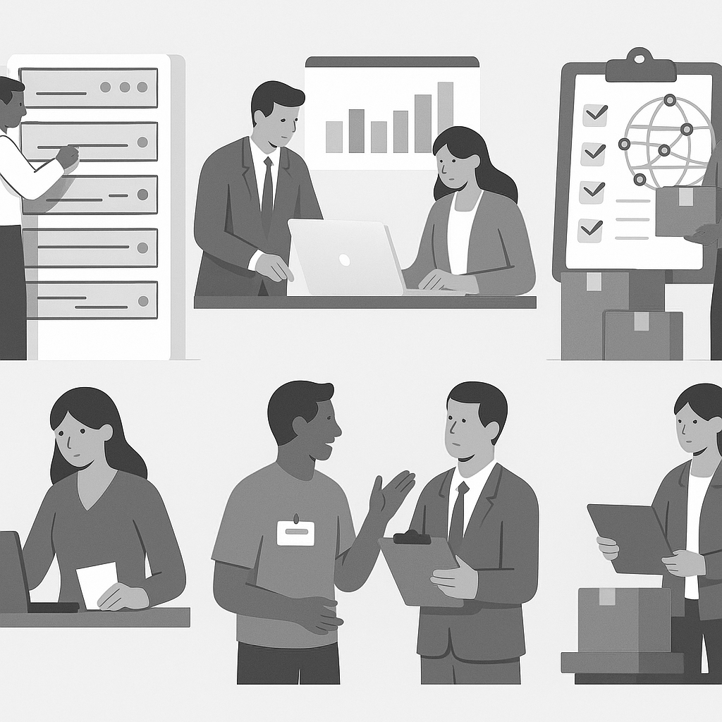 Black and white illustration of a workplace scene with people discussing, working on laptops, and handling documents, with charts and checklists visible in the background.