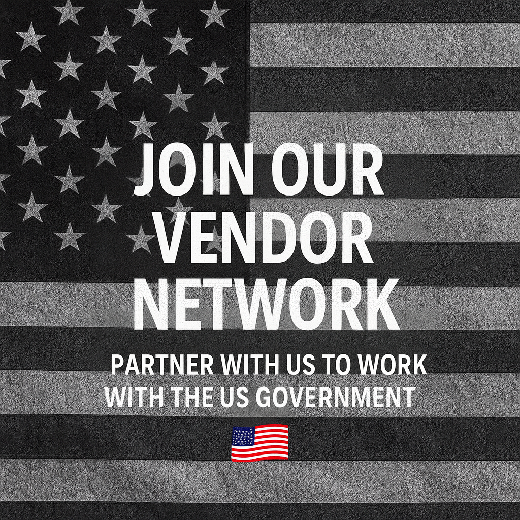 Text overlay on a black and gray American flag background reading, 'Join our vendor network. Partner with us to work with the US government,' with a small U.S. flag icon at the bottom.