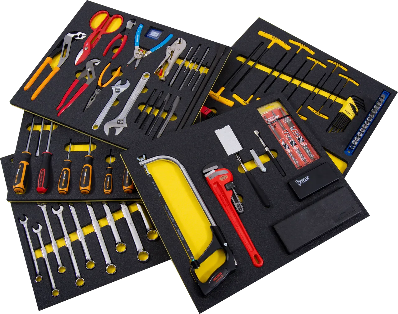 Stack of tool box foam with tools placed in the foam cut outs.