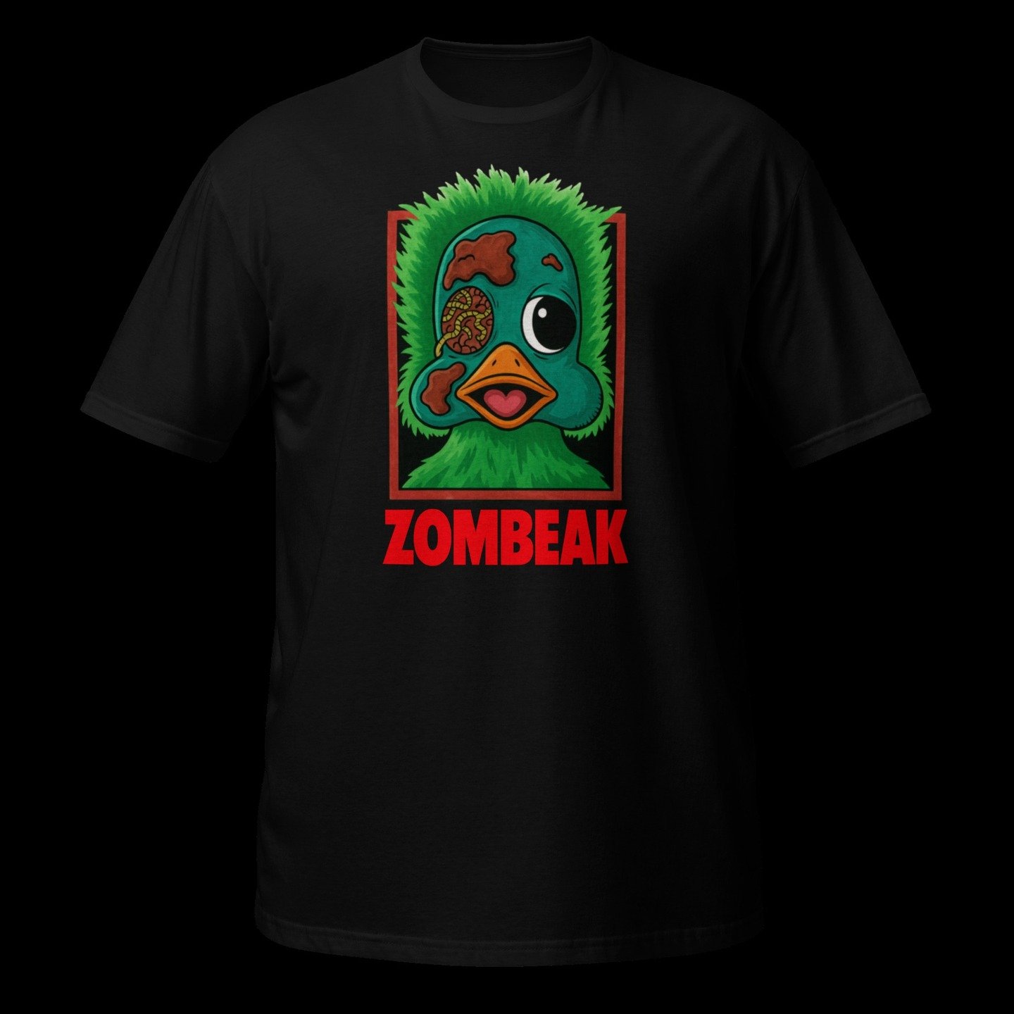 Zombeak!
Eye trauma alert as this t-shirt is in homage to Lucio Fulci's immortal Zombie Flesh Eaters - otherwise known as Zombi.

In this case it's the lean, green flying machine Orville who has fallen victim to Fulci's zombie curse. He is going to e