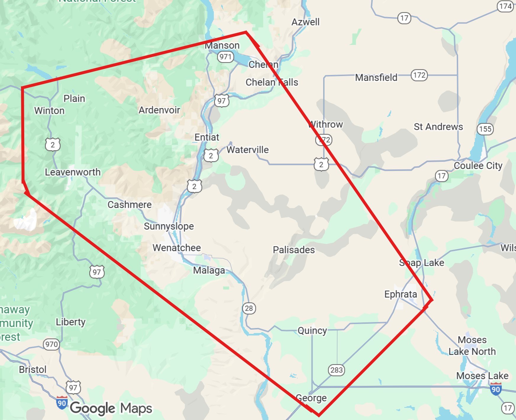 Locations served: Wenatchee, East Wenatchee, Leavenworth, Cashmere, Chelan, Entiat, Waterville, Quincy, George, Malaga and Ephrata