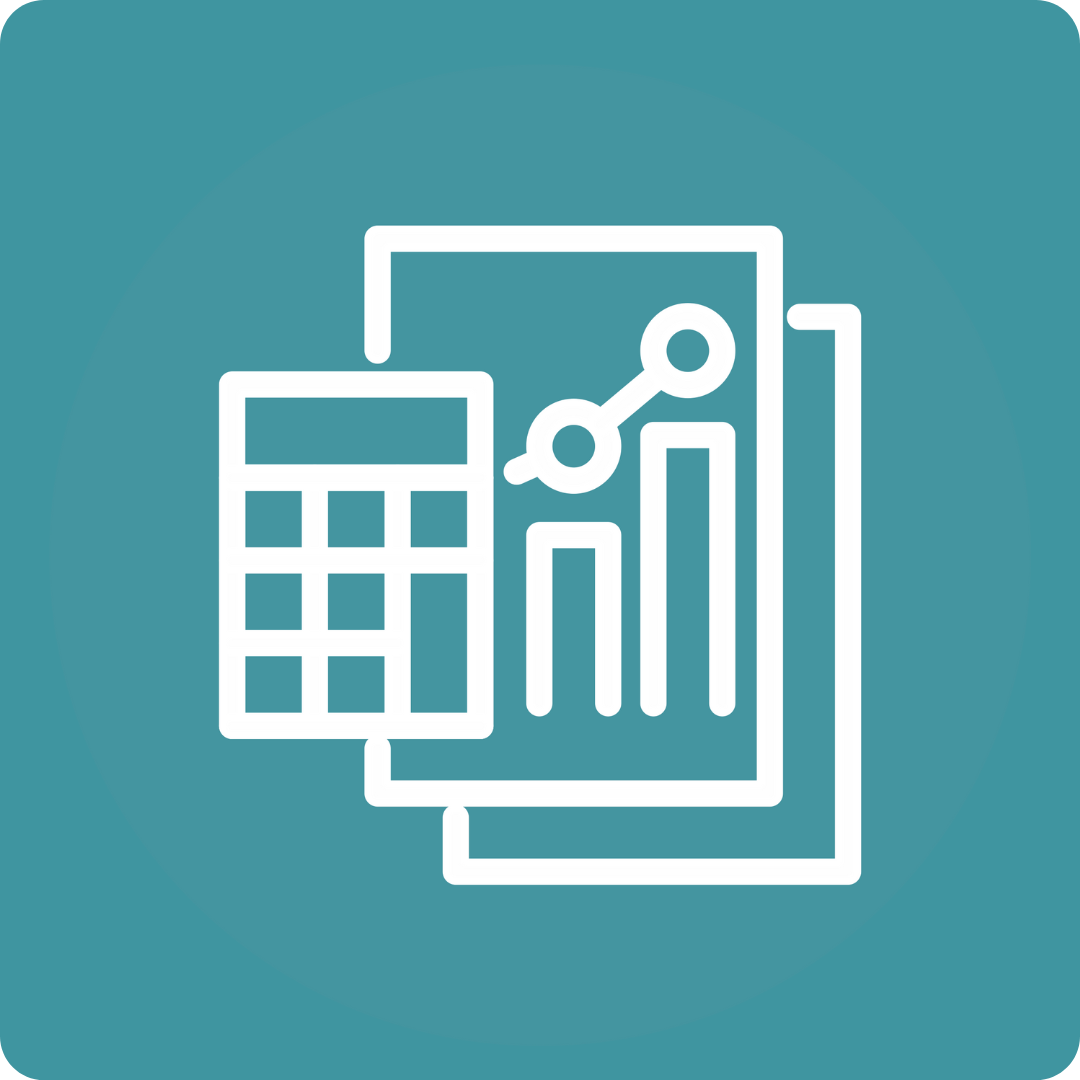 Icon of a calculator, a bar graph with a line graph overlay, and a document or spreadsheet.