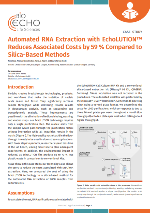 Research paper titled "Automated RNA Extraction with EchoLUTION" showing authors, introduction, and diagram of RNA extraction steps from a laboratory protocol.