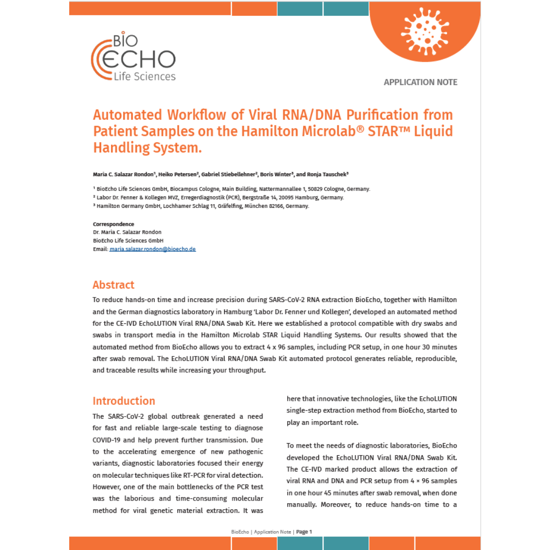 Scientific research paper titled 'Automated Workflow of Viral RNA/DNA Purification from Patient Samples on the Hamilton Microlab STAR Liquid Handling System' by Maria C. Salazar Rondon and colleagues, from BioEcho Life Sciences, discussing a protocol for viral genetic material extraction.