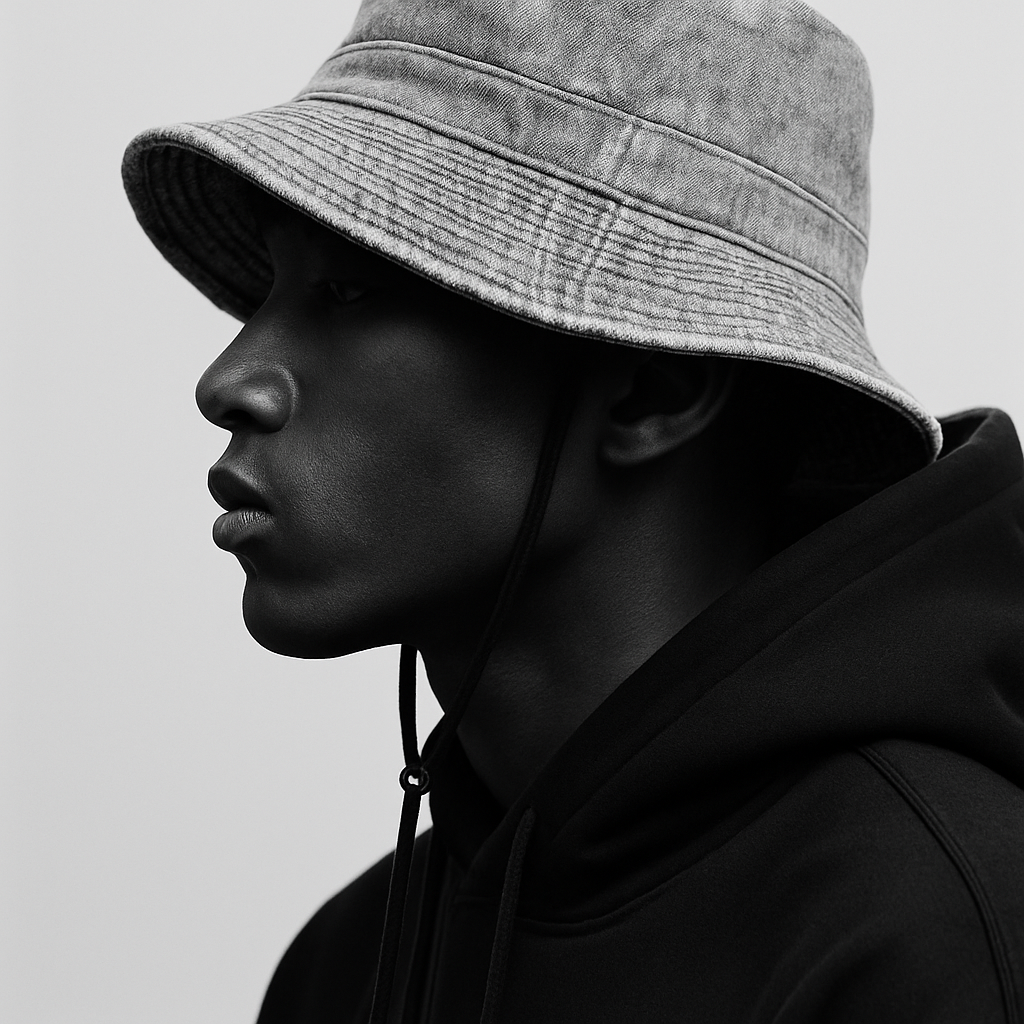 Black man wearing a light-colored bucket hat and a black hoodie, in profile, against a plain background.