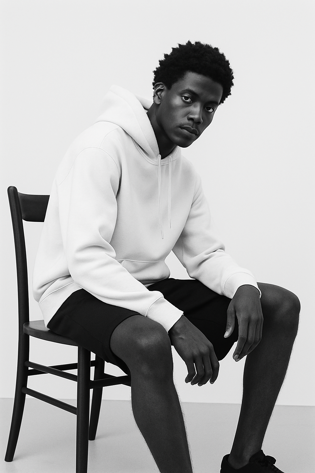 A young man with dark skin and curly hair sitting on a chair, wearing a light hoodie and black shorts, with a serious expression, in black and white photography.