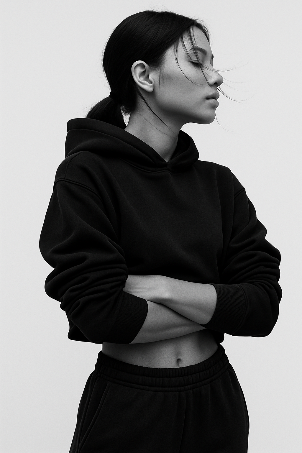 Black and white photo of a young woman with long dark hair tied back, wearing a black hoodie and black sweatpants, with her arms crossed and eyes closed.