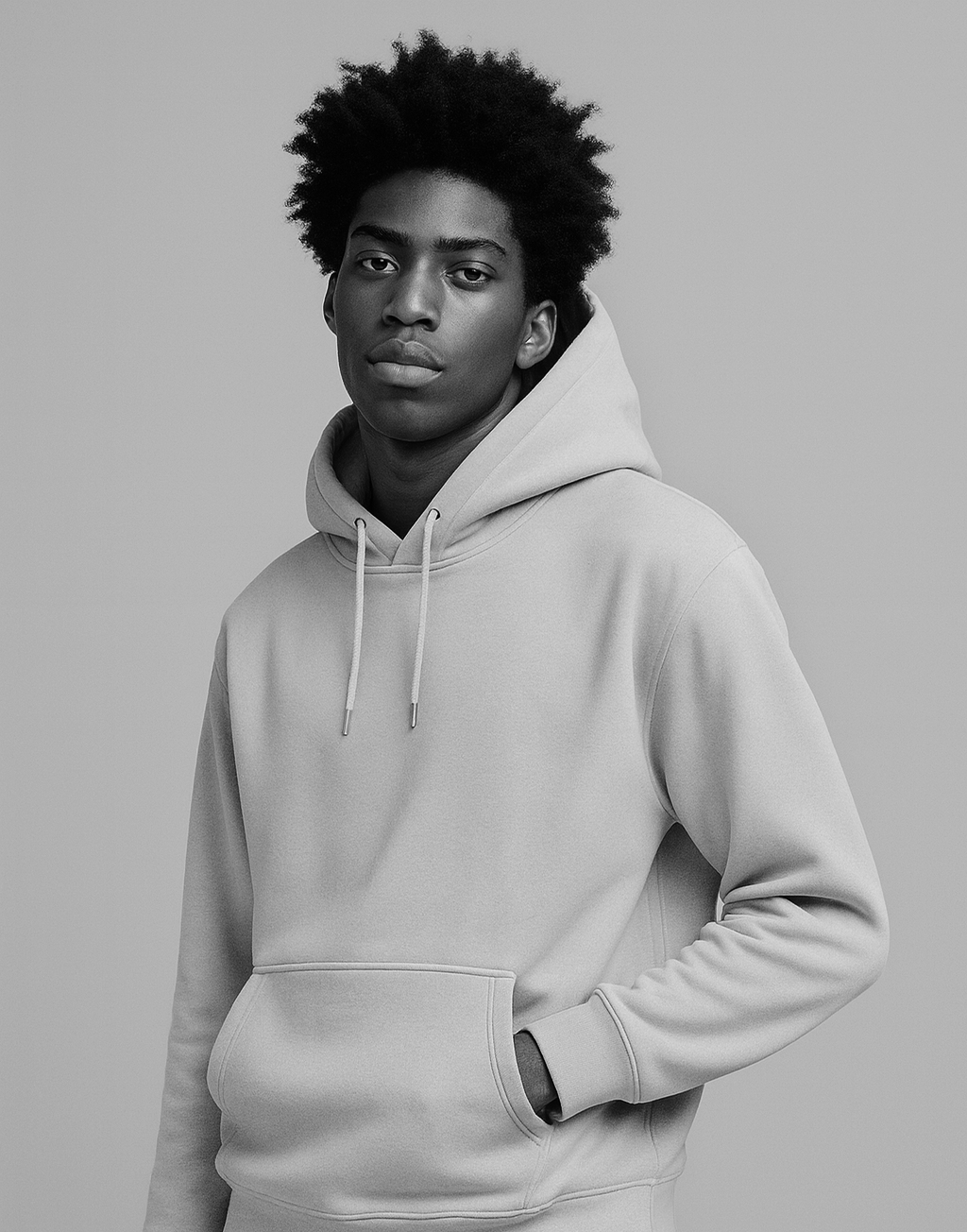 Black and white portrait of a young man with natural afro hairstyle wearing a hoodie, standing against a plain background.
