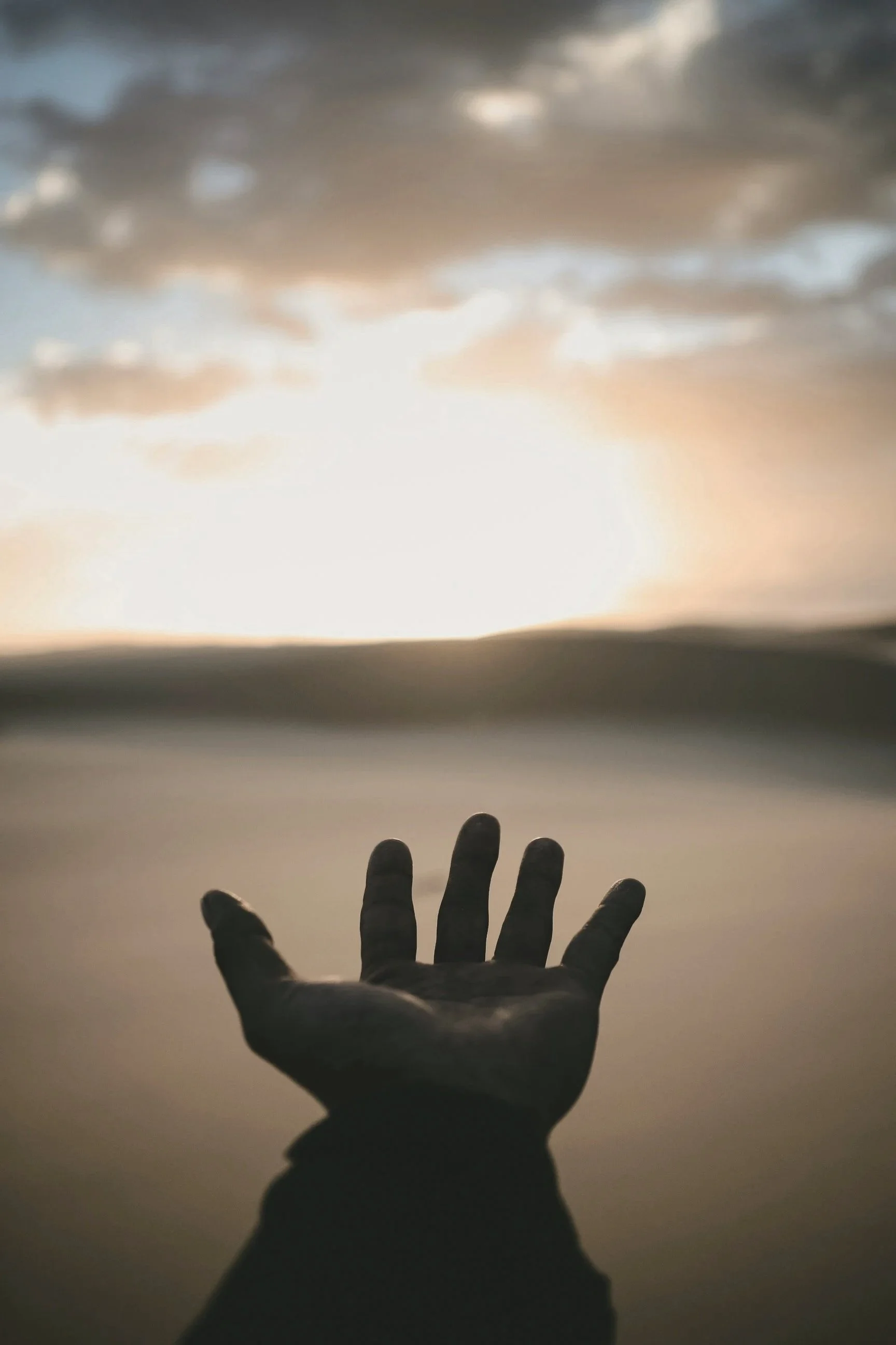 A person's hand reaching out towards the sky during sunset or sunrise, with cloudy sky in the background.