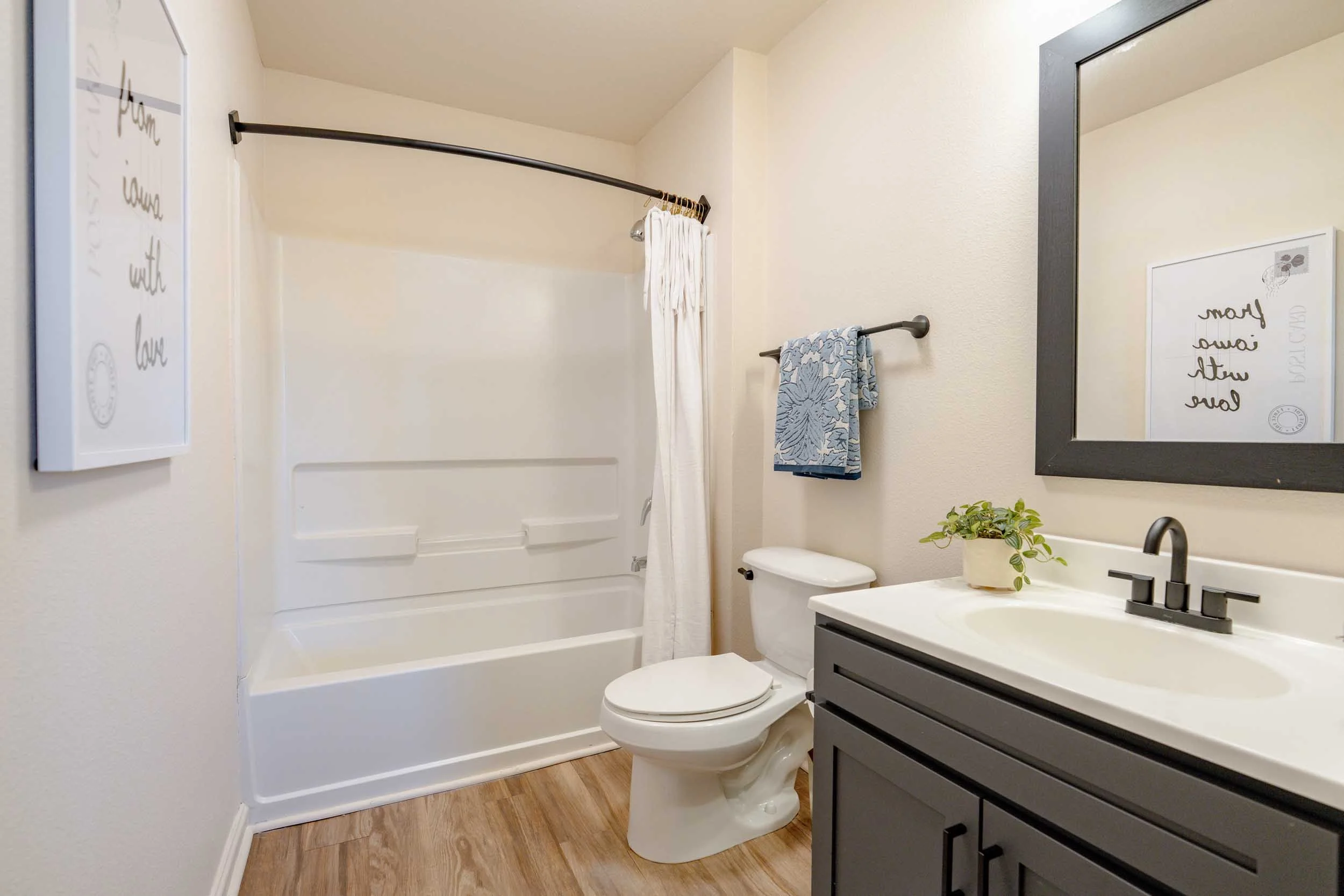 A bathroom with a bathtub and shower, white walls, a toilet, a gray vanity with a white countertop, a mirror, and decorative signs on the wall.