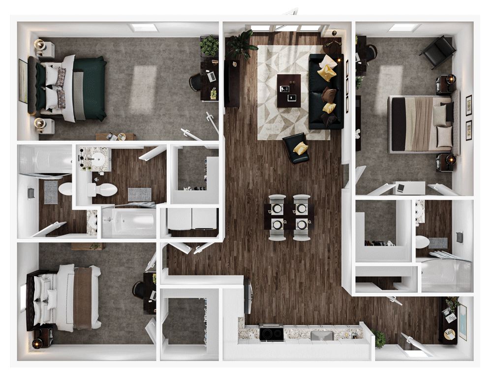 Top-down view of a modern apartment with three bedrooms, two bathrooms, a combined living and dining area, and a kitchen.
