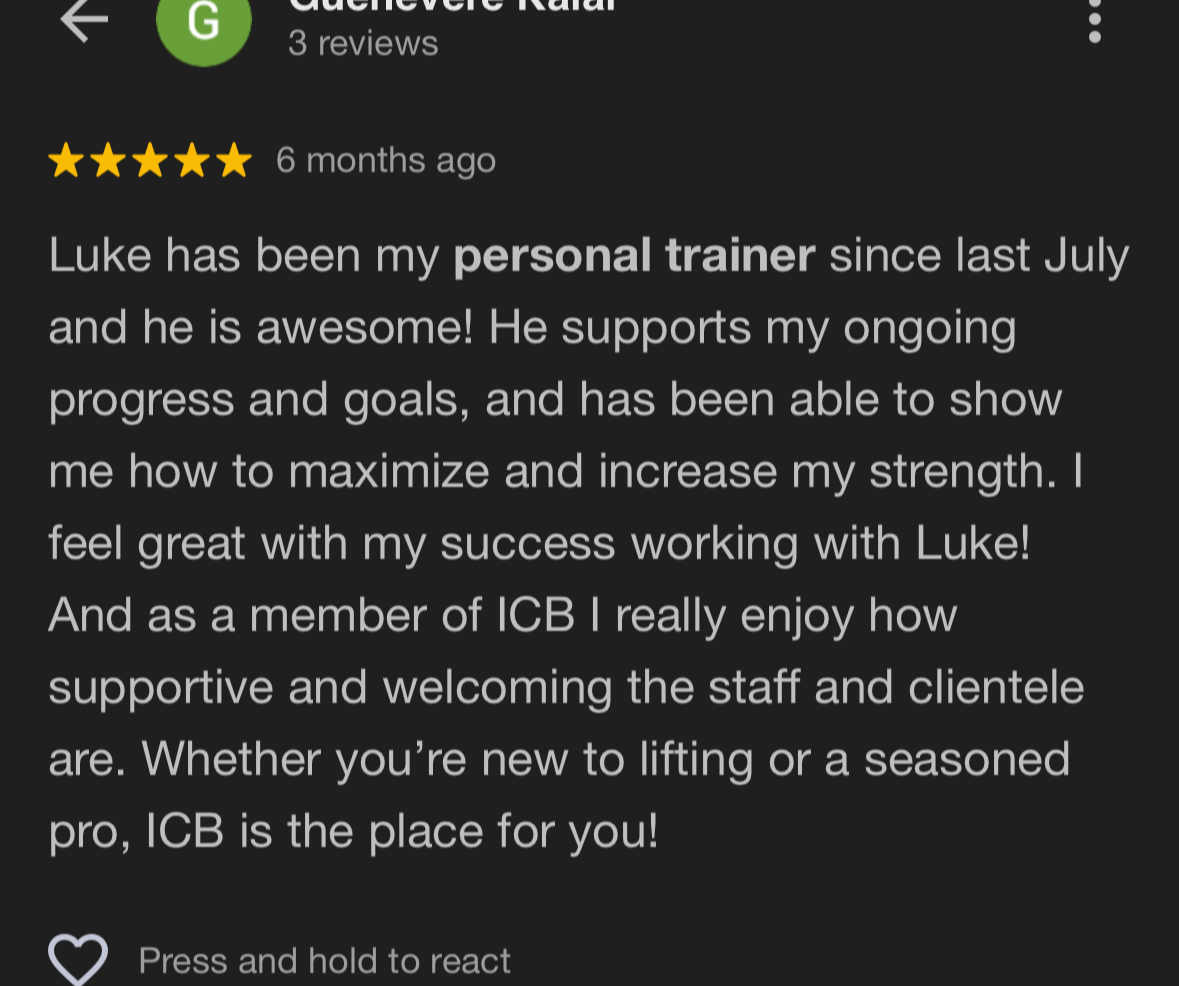 Screenshot of a Google review for a personal trainer named Luke at ICB gym, with a 5-star rating and positive feedback on training and support.