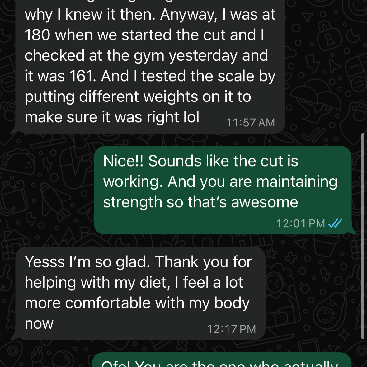 Screenshot of a text message conversation about weight loss, diet, and strength training, with messages exchanged at different times.