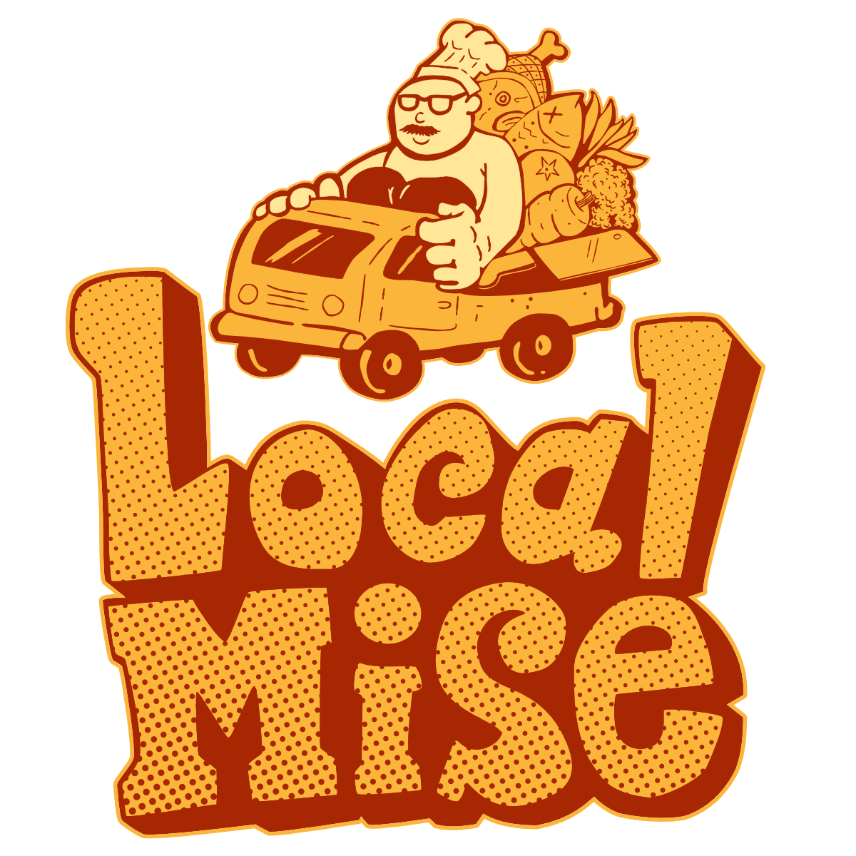 A cartoon illustration of a man with glasses and a chef hat driving a truck loaded with vegetables and a cooked chicken, with large orange text that reads "local of misé".
