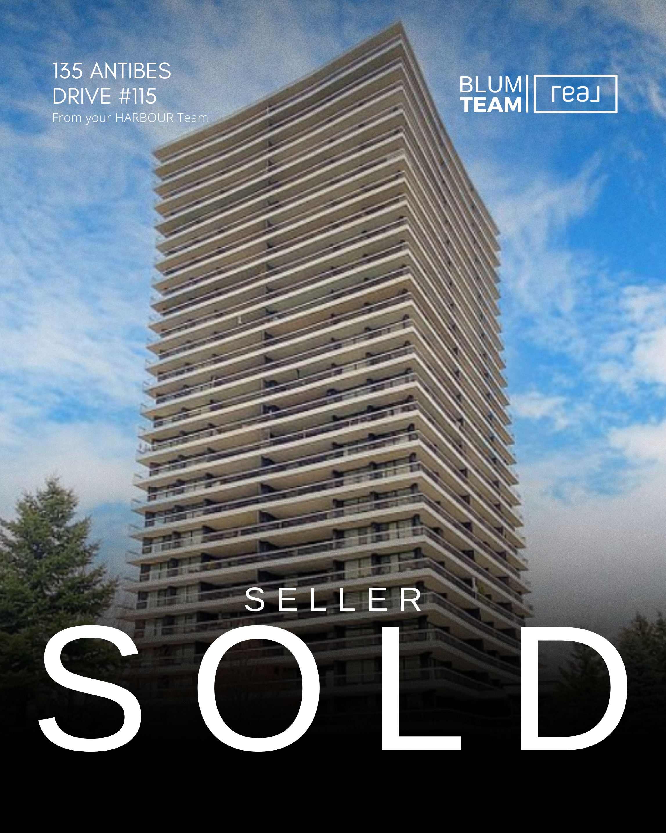 A tall, modern multi-story apartment or office building with a blue sky in the background. Overlaid text indicates the property address, seller information, and that it has been sold.